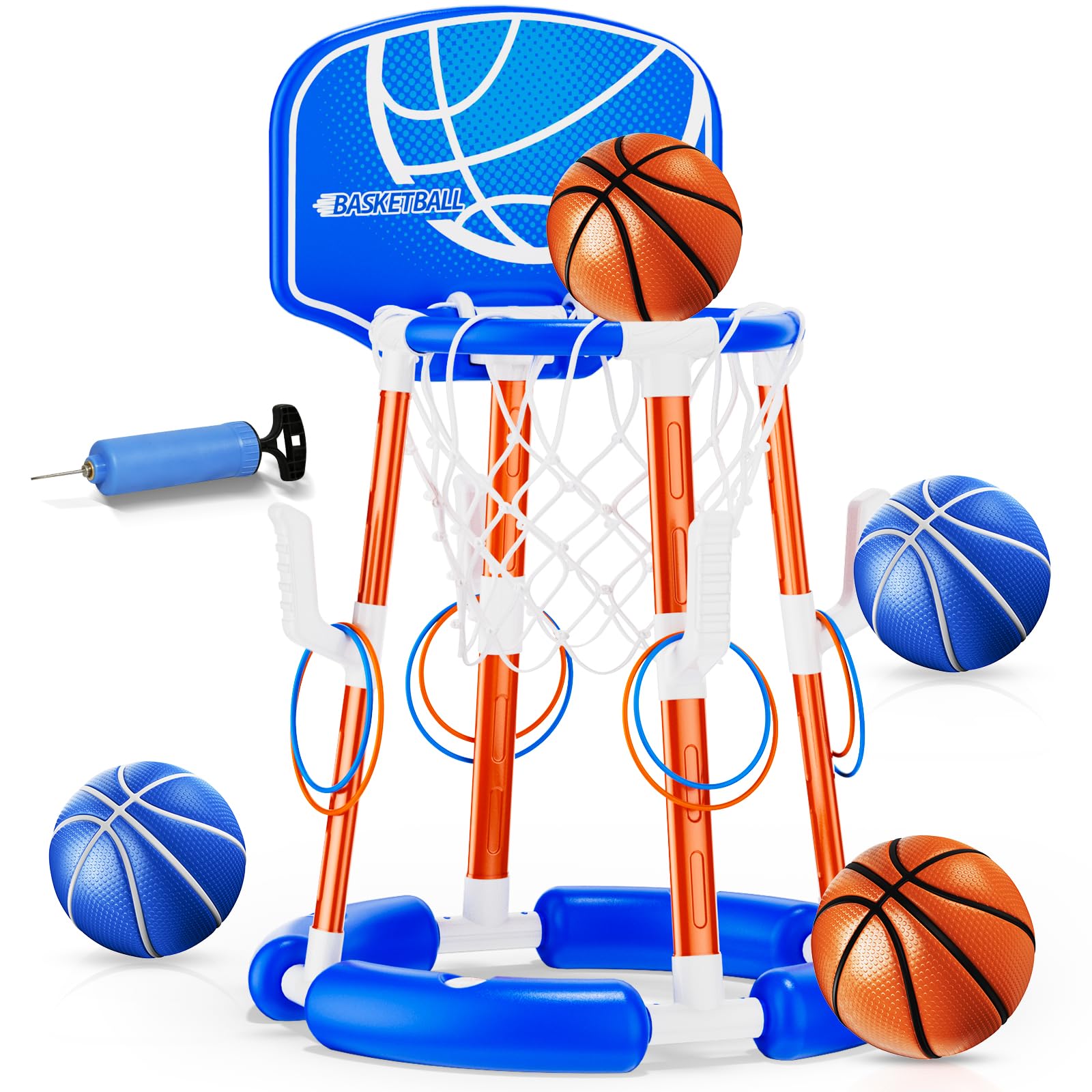 Photo 1 of Pool Basketball Hoop with Backboard, Floating Pool Toys for 3-12 Years Old Kids Ring Game with 4 Balls 8 Rings & Pump Outdoor Swimming Pool Basketball Games Water Play Toy Family Party for Kids Adults