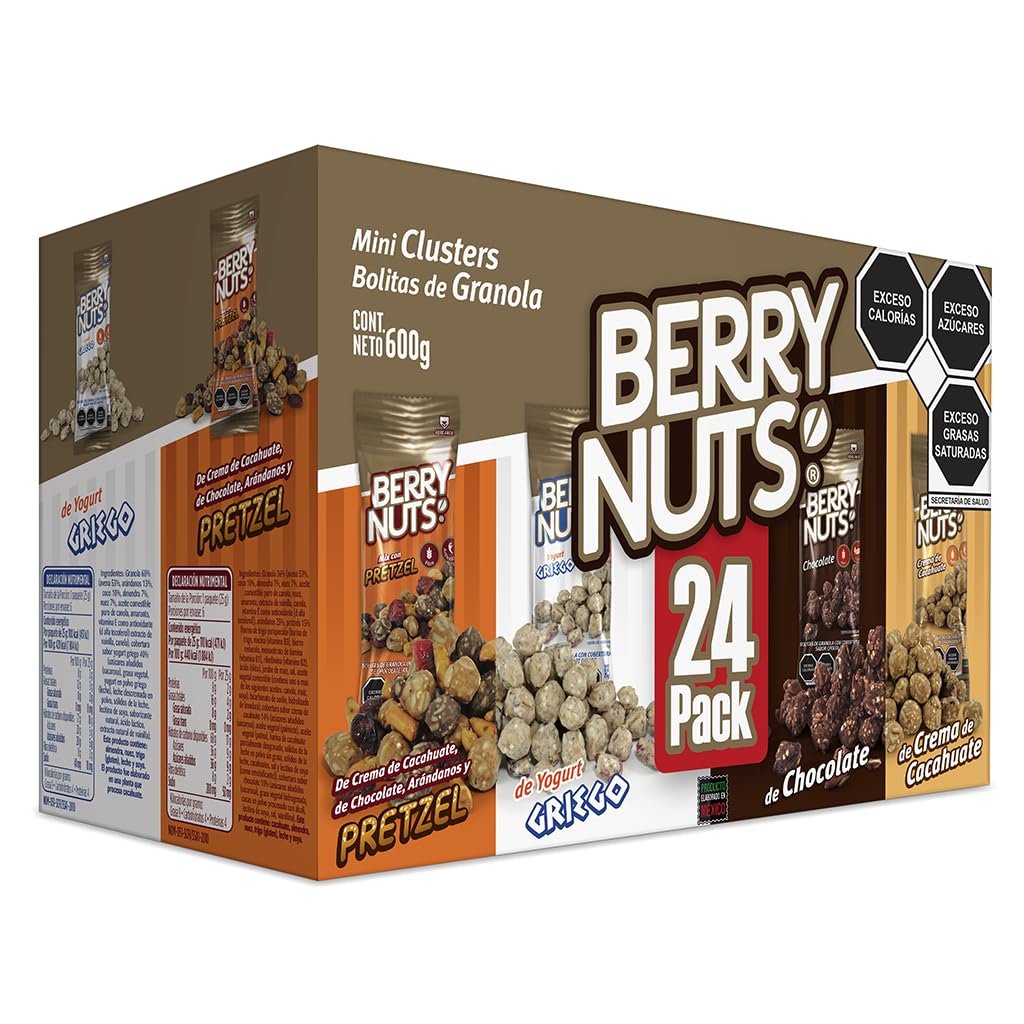 Berry Nuts® Clusters® Caja de 24 piezas de bolitas de granola de sabores 6 Yogurt, 6 Chocolate, 6 Mix de Pretzel y 6 Crema de Cacahuate, Bolsitas 25g