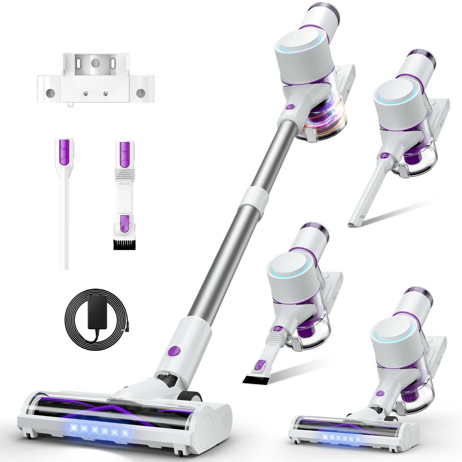 Akku Staubsauger 45000Pa, 60Min, nur 1,75 kg, 6-in-1 Staubsauger Kabellos mit Touchscreen, LED-Leuchten, Anti-Tangle-Bürste & Ladestation, 7-Schicht-Filtration für Tierhaare, Teppiche, Hartböden, Auto