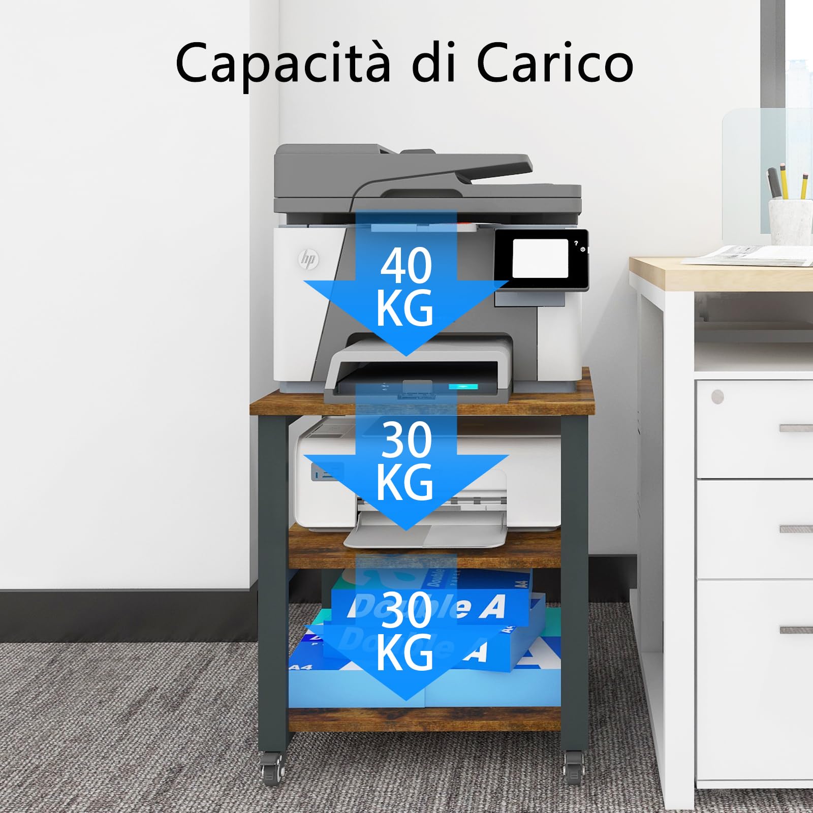 PUNCIA Supporto per Stampante a 3 Livelli Portastampante Tavolo per Stampante 50x50x57,5CM Carrello Mobile con Ruote Scaffale di Stoccaggio 100KG di Carico per Casa e Ufficio (Marrone)