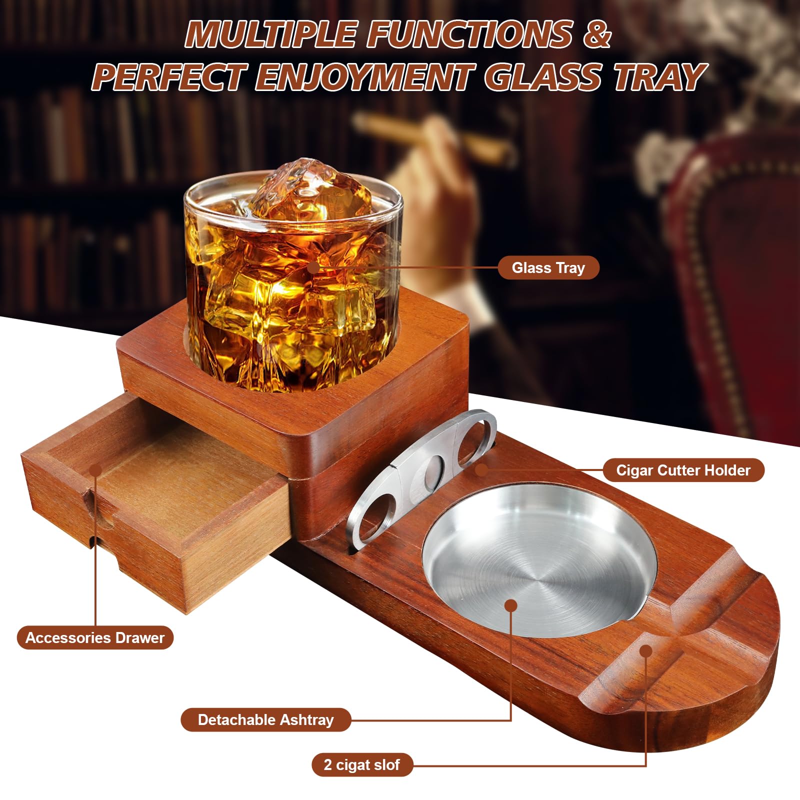 Posacenere in legno per sigari, Posacenere per sigari con vassoio per whisky e porta sigari, accessori per fumatori da uomo, regali per gli uomini per Ufficio e Tempo Libero o bar, compleanno
