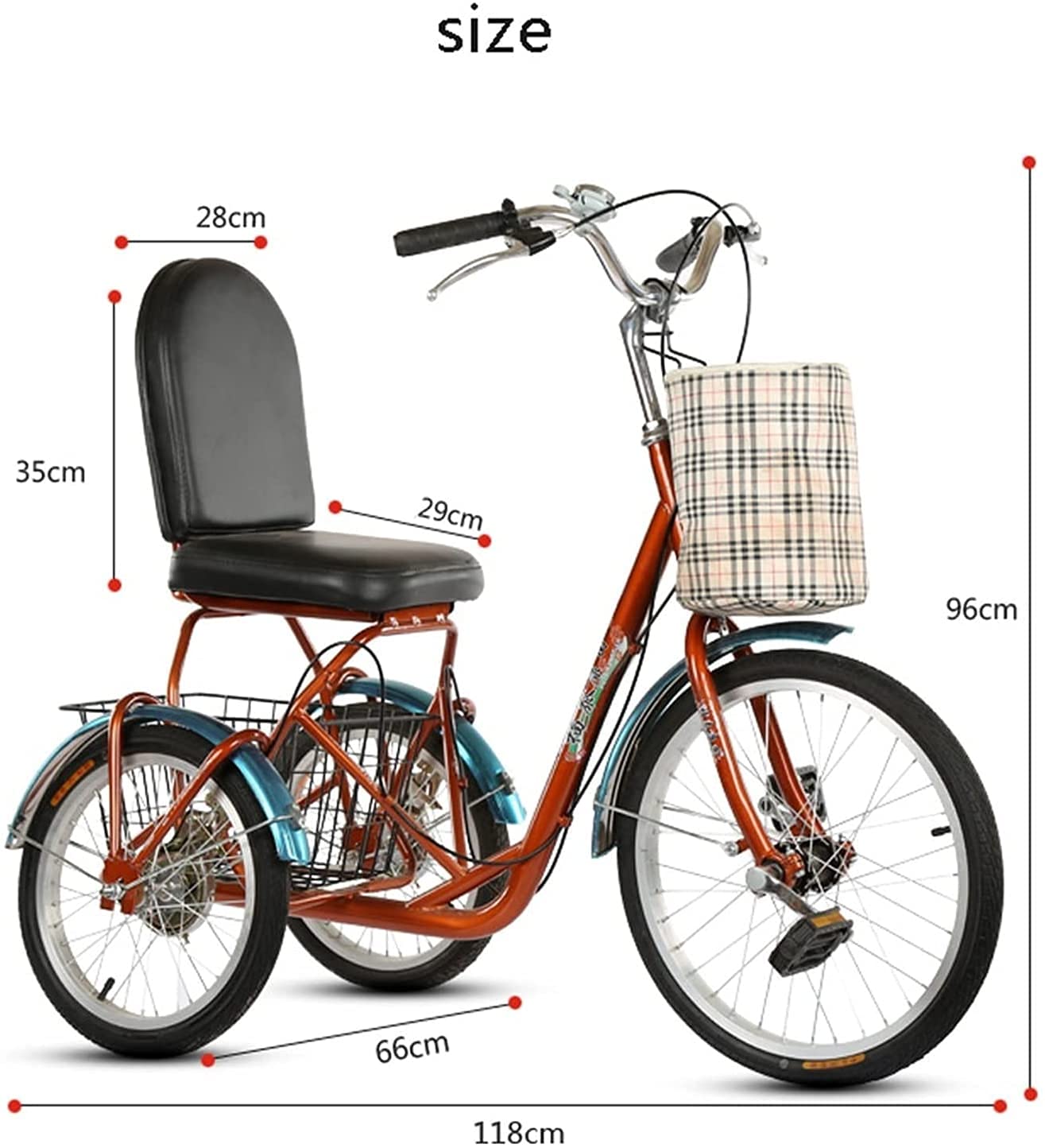 GRDDBZA Adult Tricycle - 3 Wheel Bikes for Adults Shopping Adult Tricycle Trike Bike Seniors 3 Wheel Tricycles with Front Rear Basket and Backrest Seat Single Speed Elderly Bikes Bicycles Trikes