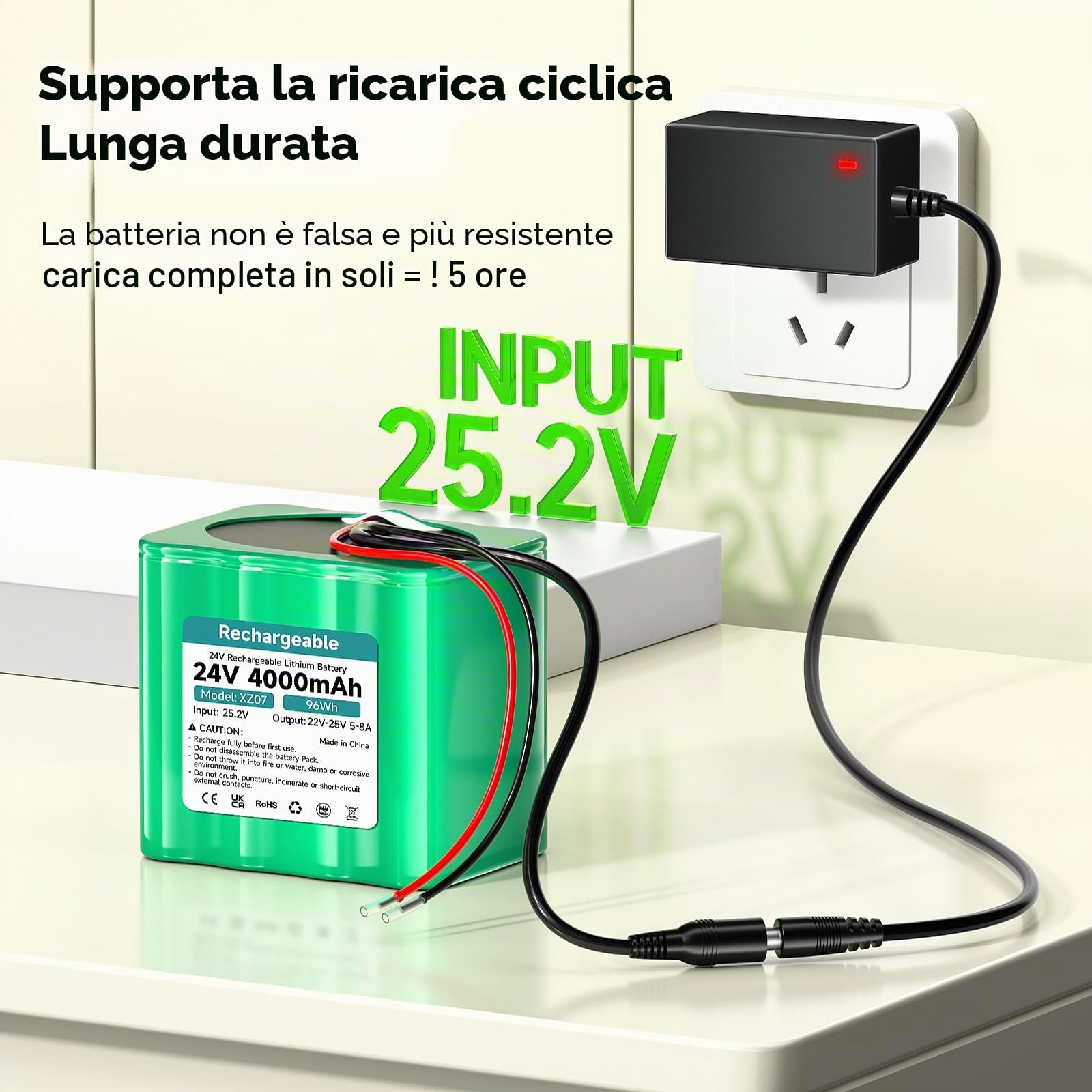 Batteria 24 V 4000MAH Batteria ricaricabile con litio con adattatore caricabatterie e connettore e linea collegamento, per dispositivi 24 V, alimentazione per auto barca,giocattolo
