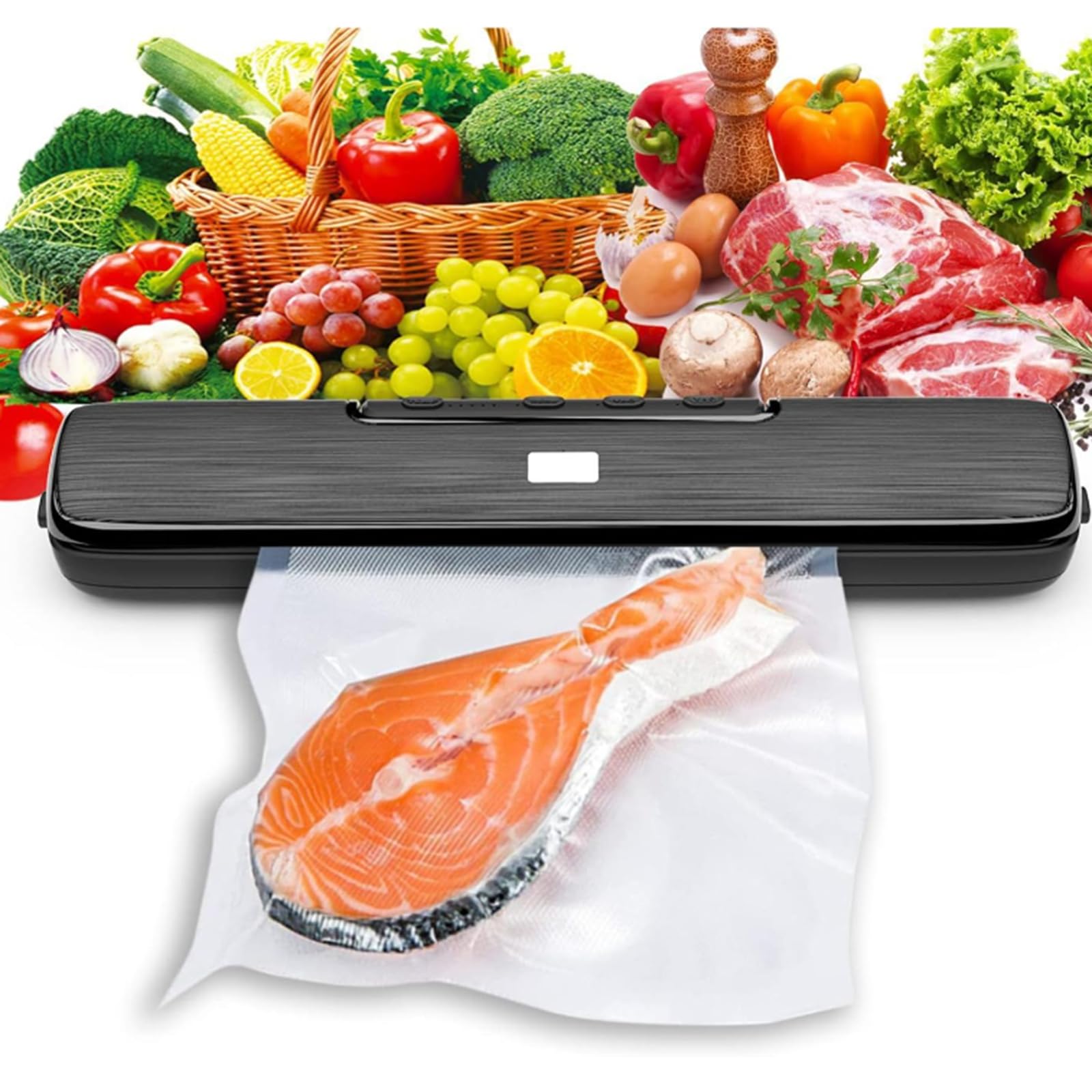 Máquina selladora al vacío de alimentos con 15 bolsas al vacío, 5 temperaturas de sellado ajustables, sellado rápido, diseño impermeable para conservación fresca de alimentos secos y húmedos