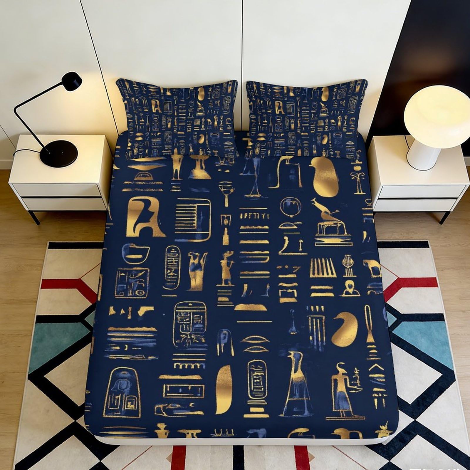 3D Printed Egyptian Hieroglyphs Fitted Sheet Microfiber Soft Breathable Ancient Symbols Bed Cover for Bedroom Dormitory Guest Room Mattress Protection 180x200x25cm
