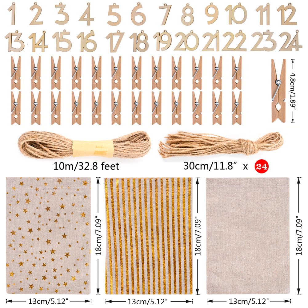 24 stuks DIY adventkalenders, kerst adventskalender doek zakken snoep geschenktas, 3 kleuren met trekkoord kleine zakken, 24 digitale badges, 24 houten clips en henneptouw, kan worden gebruikt met Kerstmis, (blauw