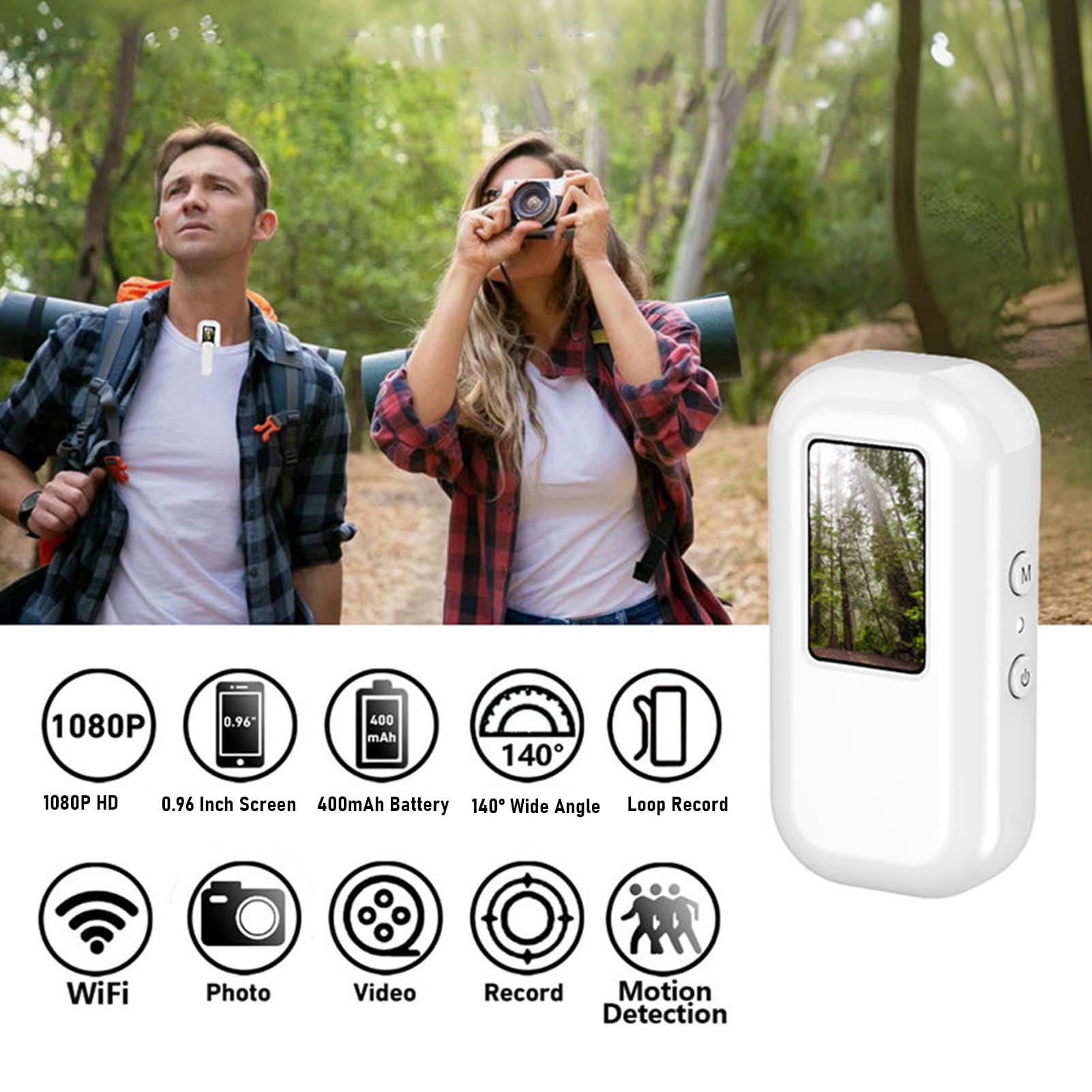 0.96 in Display Body Camera, 1080P HD Wearable Body Worn Cam with Auto Loop Recording, 400mAh Battery, Body Cam for Security Guard (White)