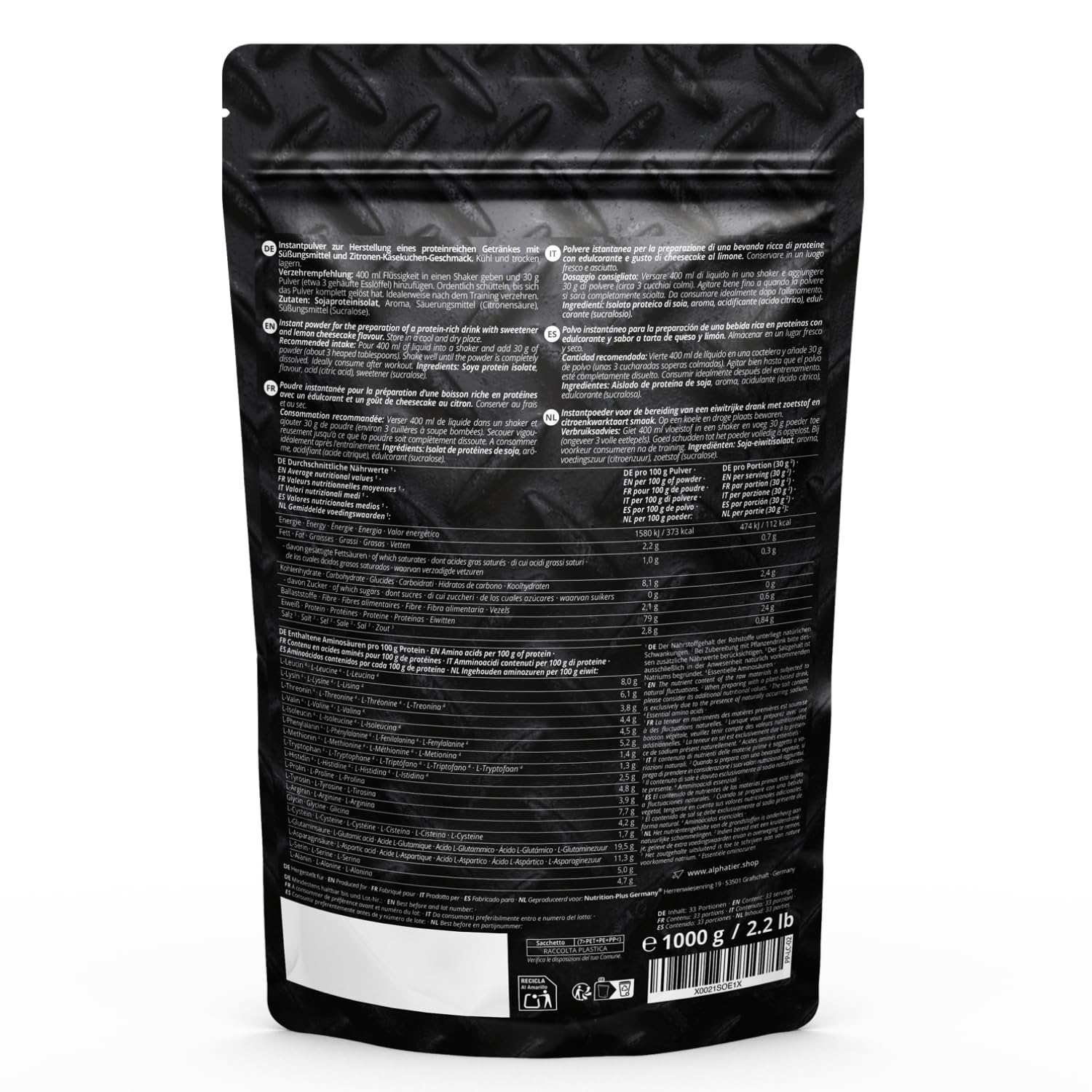 Alphatier Protein Pulver Lemon Cheesecake 1000 g - Proteinpulver mit 79% Eiweiß - Eiweißpulver Zitrone Käsekuchen - mit Sojaproteinisolat ohne Zucker