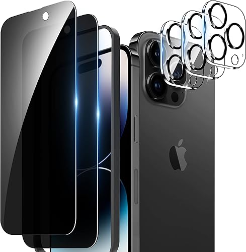 [Paquete de 2+3] Protector de pantalla de privacidad para iPhone 14 Pro Max con protector de lente de cámara, antiarañazos, cobertura de borde
