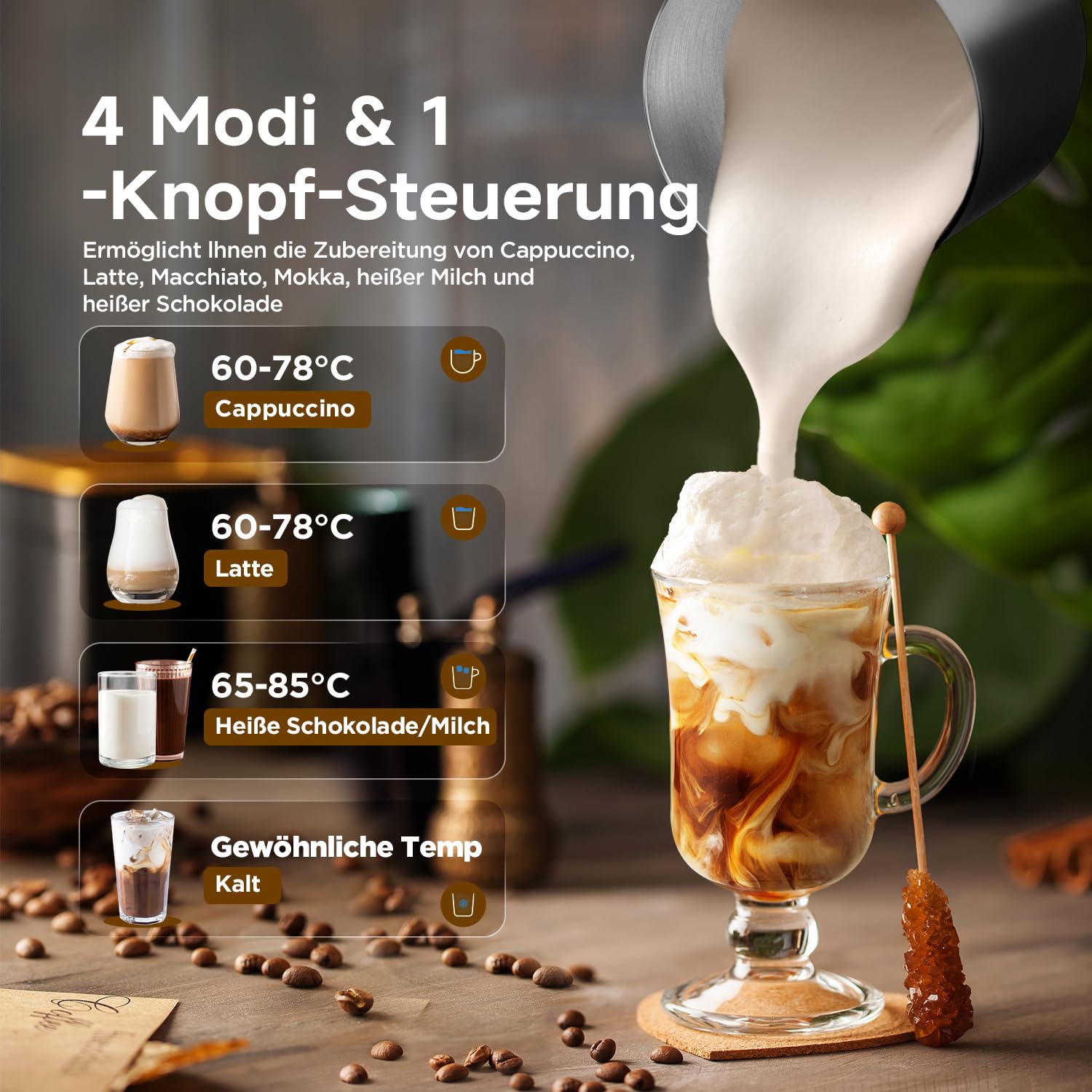 Milchaufschäumer Elektrisch 4-in-1 für Heißer und Kalter, Warme Milch, 500ml Milchschäumer Nduktion Hohe Kapazität, Spülmaschinenfest, Seidiger Milchschaum für Cappuccino, Latte,Edelstahl