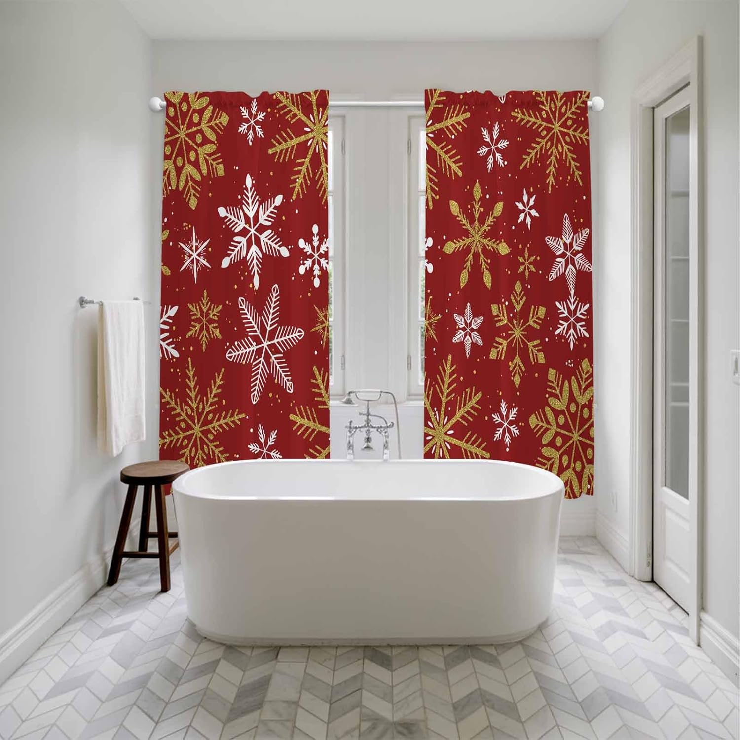 Christmas Yellow Snowflake Window Curtains 72 Inch Long 2 Panel Set, Rod Pocket Long Curtains & Drapes, Winter Xmas Classic Red Light Filtering Window Treatment for Bedroom Living Room 52"W x 72"L