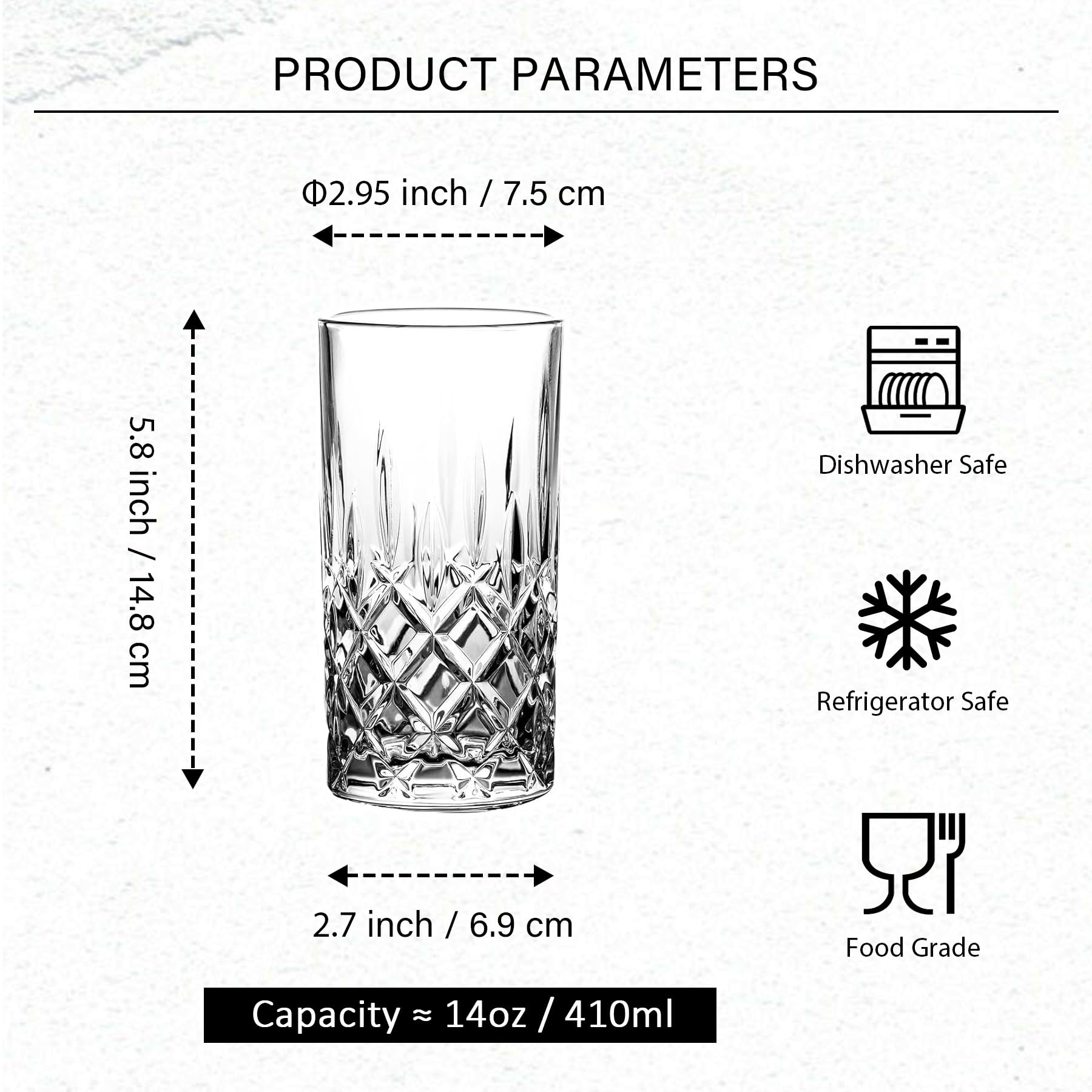 Highball Gläser Collins Tall Beverage Set von 6, 423 ml Tassen Glaswaren für Getränke, Wasser, Bier, Soda