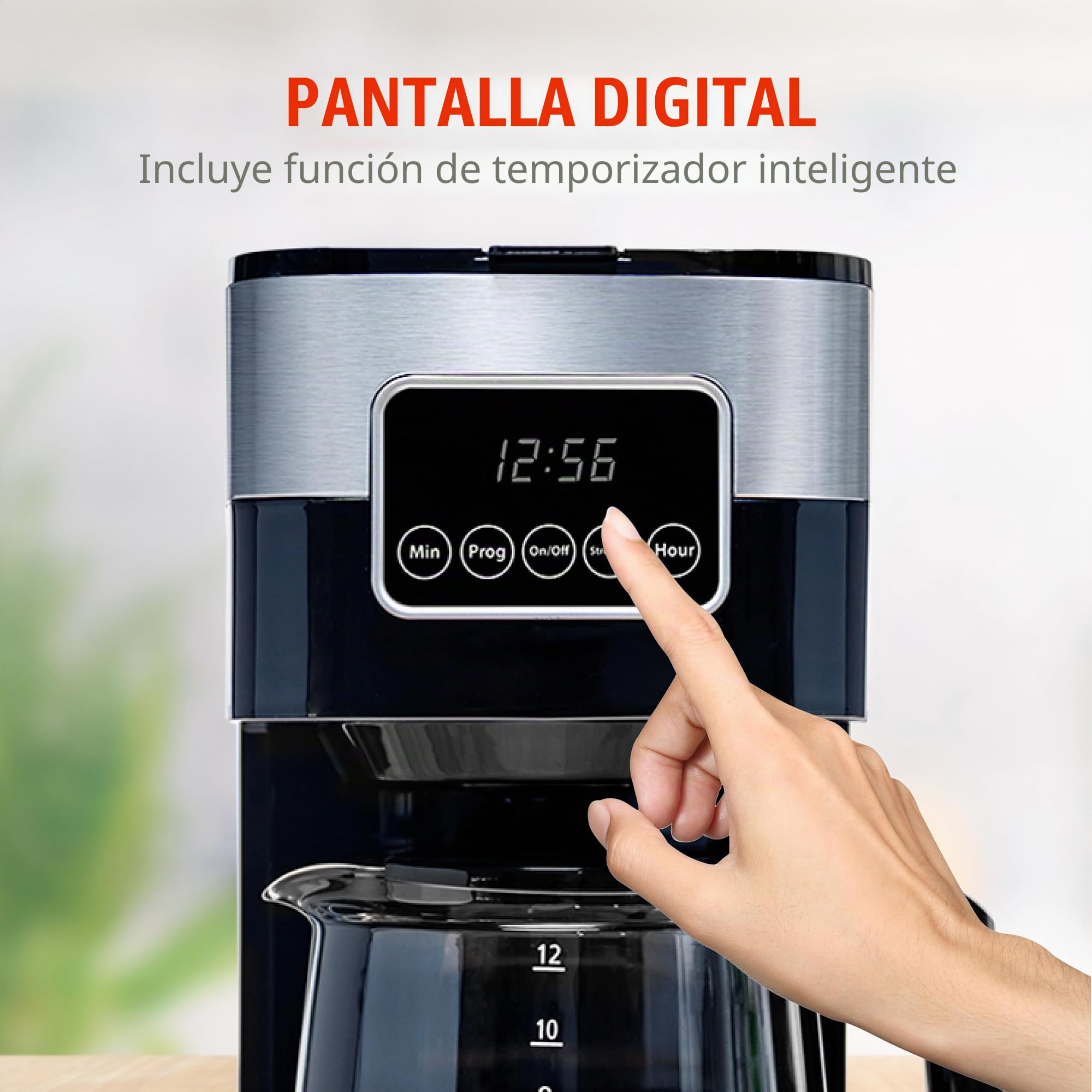 alpina Cafetera de Filtro - Máquina de Café 1.5L/ 12 Tazas de Café de Filtro - Cafetera con Pantalla Digital, Temporizador y Placa Calefactora - Intensidad del Café Ajustable - Negro