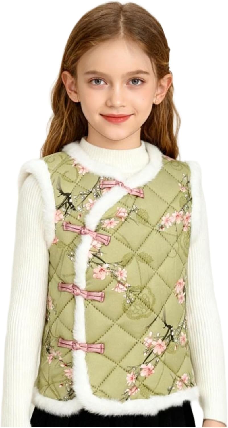 Girls Kids Chinese Flower Pattern Sleeveless Outerwear Keep Warm Jacket Tank Top for Spring Festival