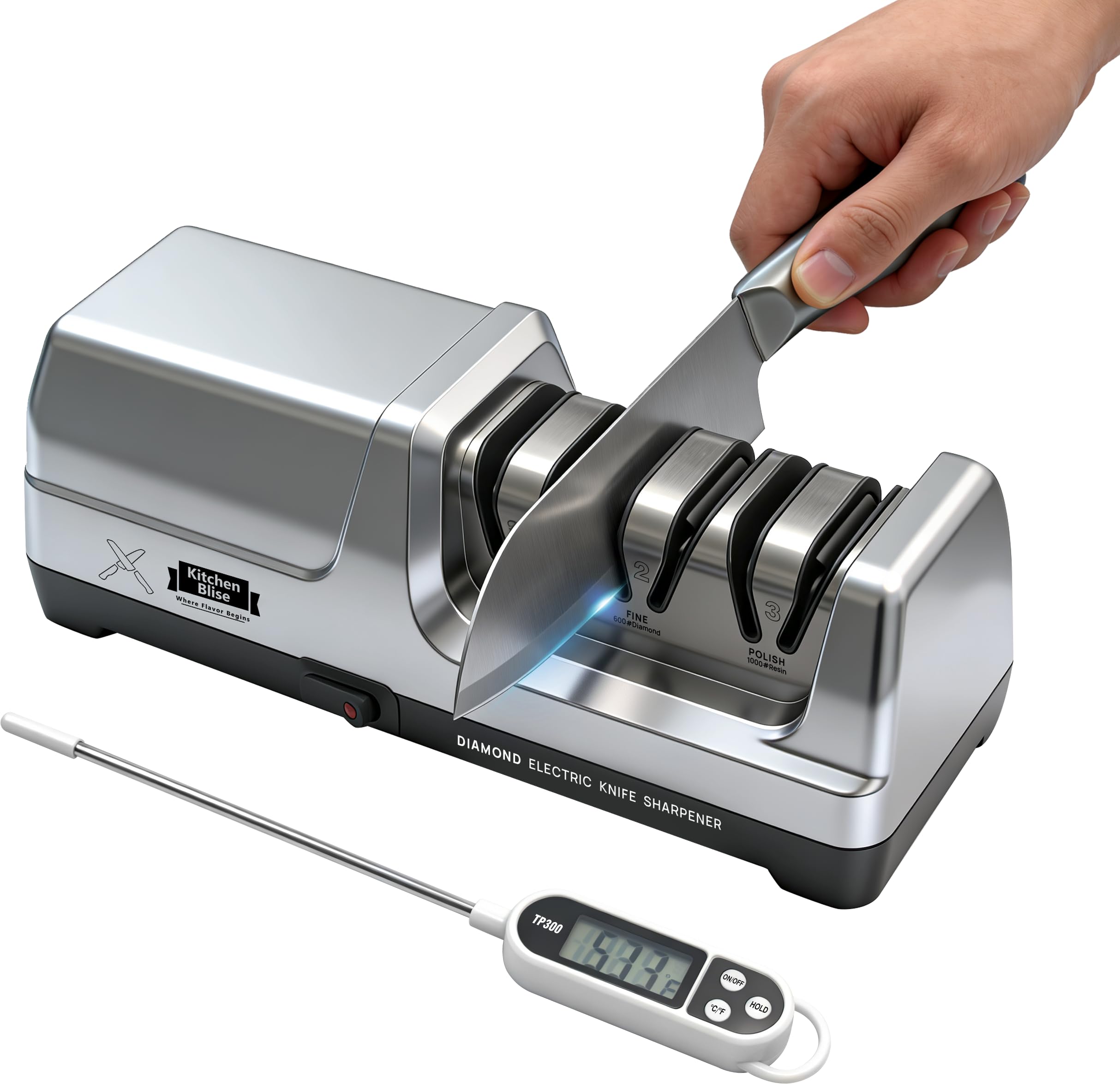 Electric Knife Sharpener for Kitchen Fast Sharpening to Restore and Polish Chef Straight and Serrated Knives with 3