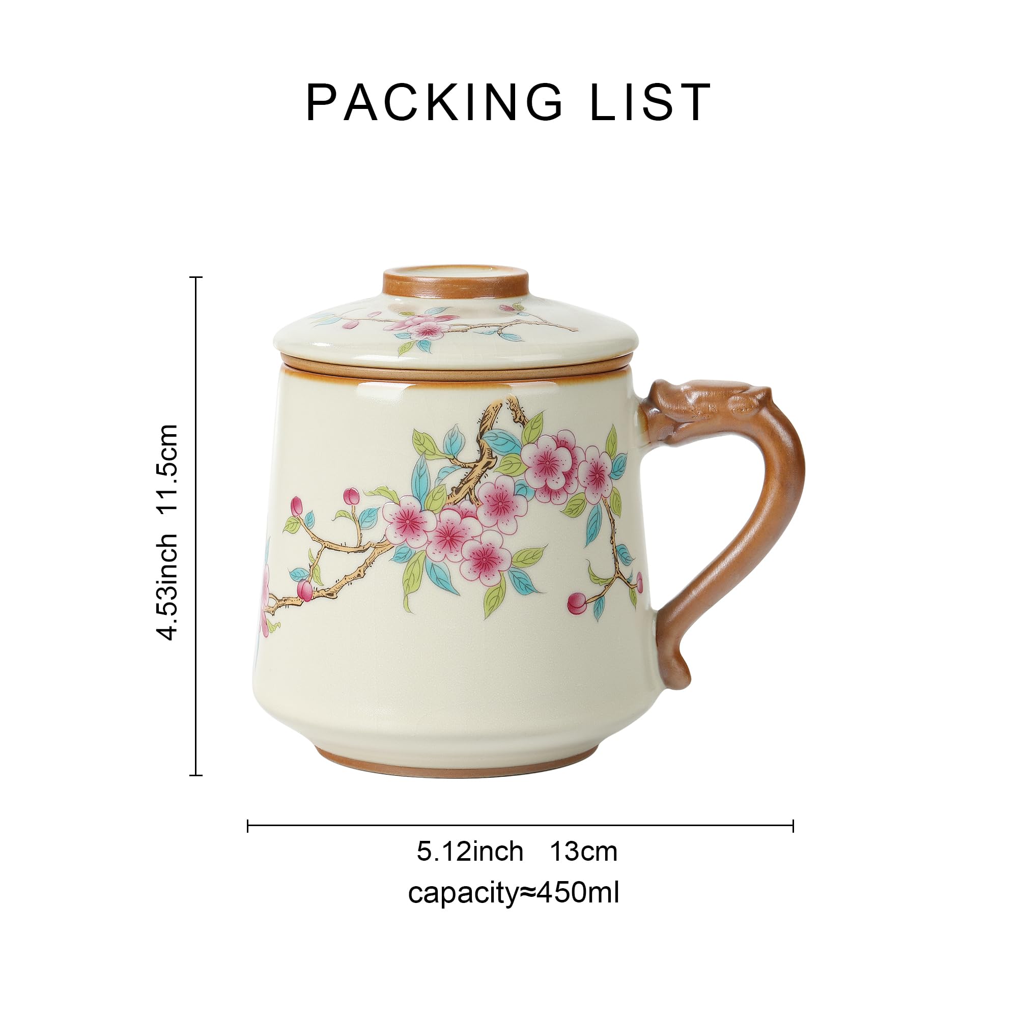 fanquare Taza de Té de Cerámica con Infusor y Tapa, Tazas de Té Chinas Flor Beige, Taza de Té Grande para Viajar Casa 450ml