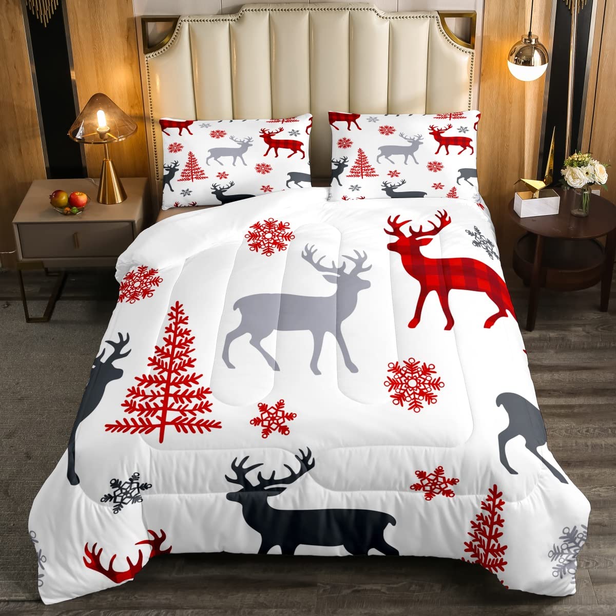 Erosebridal Christmas Deer Comforter Set, Xmas Tree Bedding Set for Kids Boys Girls Children Bedroom, Snowflakes Cute Elk Down Comforter White Festival Themed Duvet Sets with 2 Pillowcases, Queen