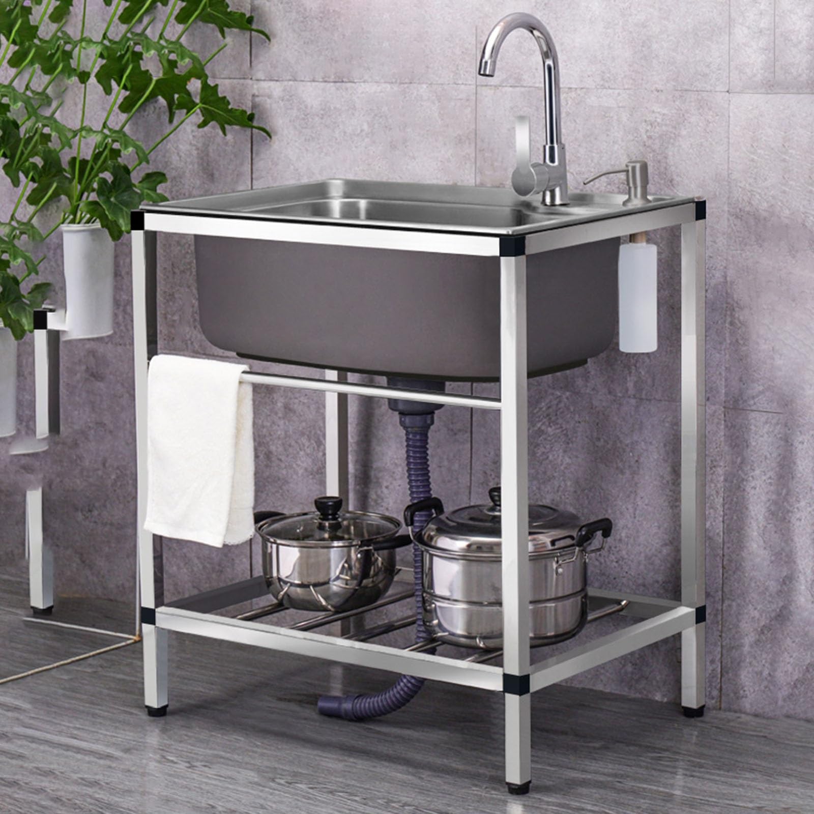 TAXXII Stainless Steel Utility Sink with Faucet, Outdoor Freestanding Commercial Drainboard, 1 Compartment for Restaurant and Garden
