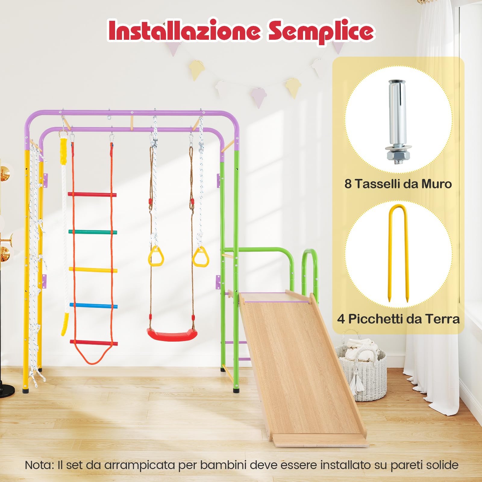 COSTWAY 8 in 1 Set da Arrampicata per Bambini, Set Giocattoli Scivolo con Barre Scala Corda Anelli Ginnici e Altalena, Parco Giochi per Bambini 3 Anni +, Carico 100 kg