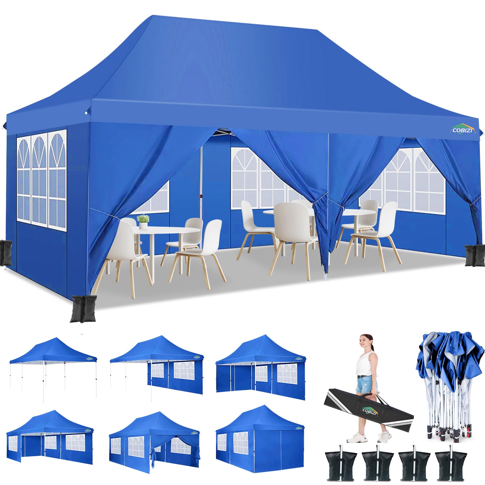 COBIZI 10x20ft Pop Up Canopy Tent with 6 Removable Sidewalls, Easy Up Commercial Canopy, Waterproof and UV50+ Gazebo with Portable Bag, Adjustable Leg Heights,Party Tents for Parties, with 4 Sandbags