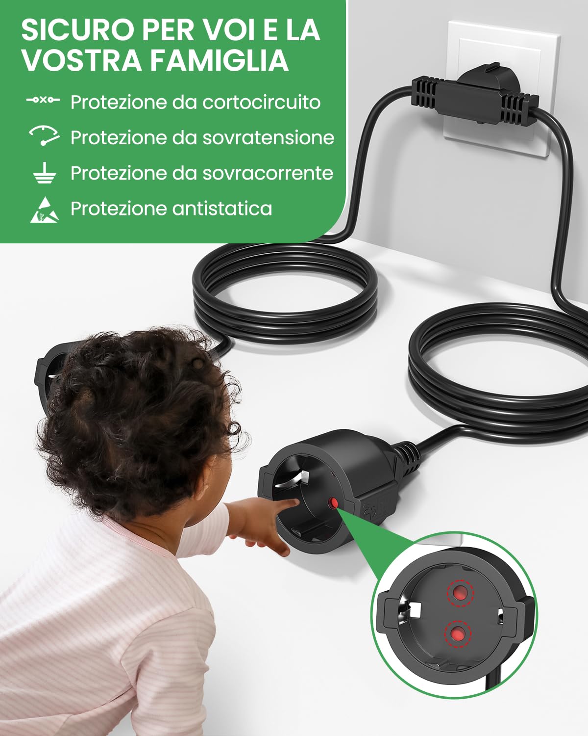 Prolunga Schuko 1,1 Metri - 2 Pezzi Da 16A/250V Con Protezione Bambini E Cavo In Rame - Foto 5