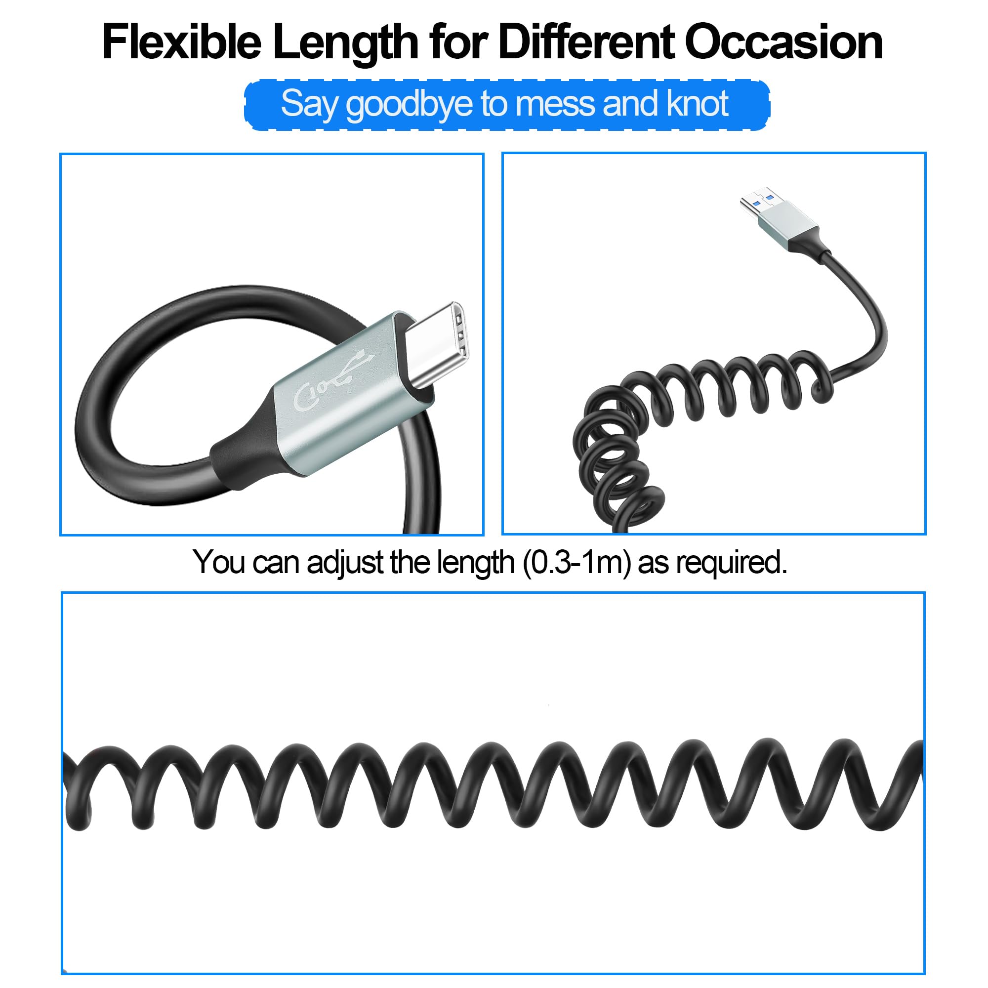 Coiled USB A To USB C Extension Cable - 3.28FT Retractable USB 3.0 Type C Charger & Data Sync Cord