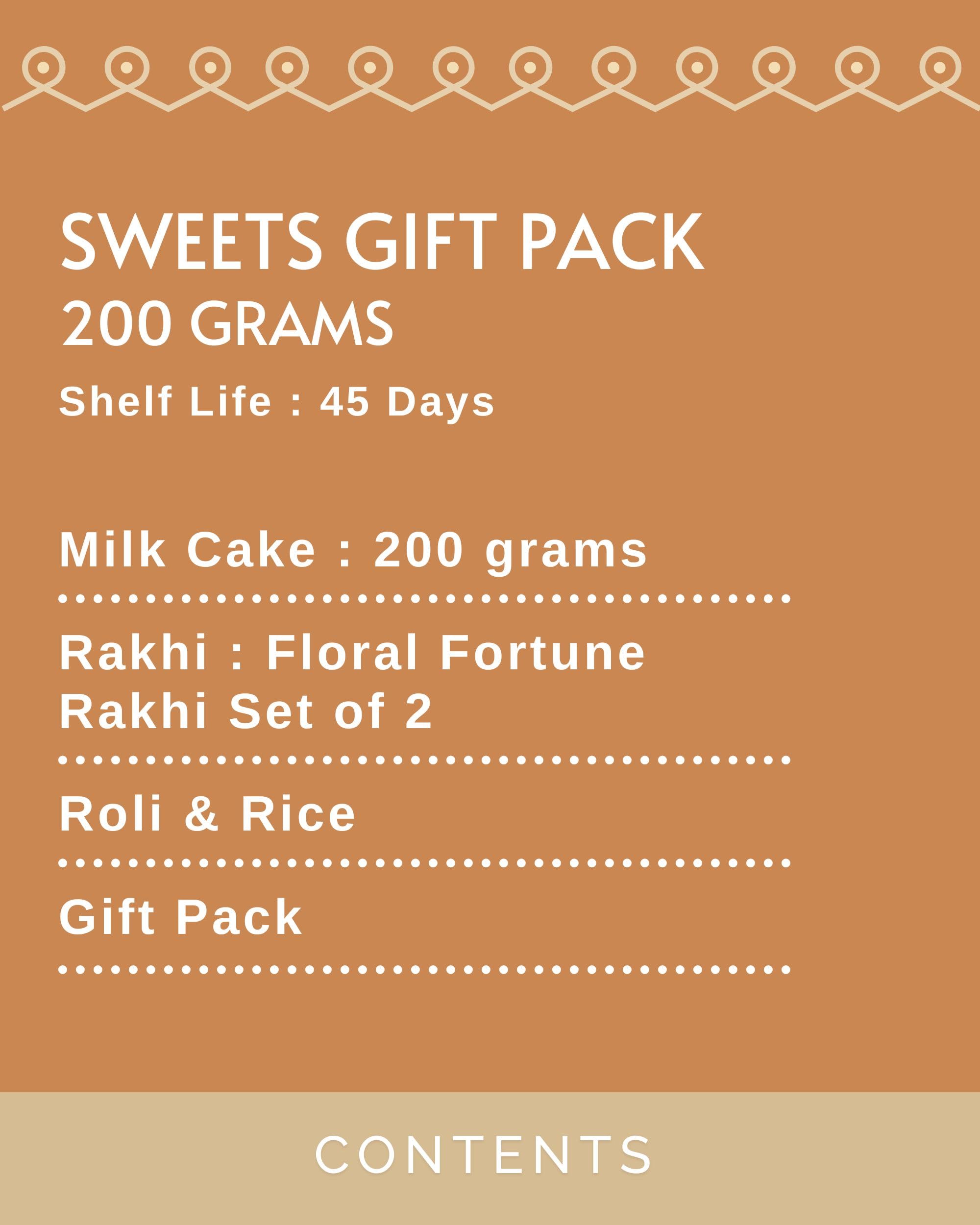 HyperFoods® Rakhi with Sweets Gift Pack Alwar Mawa 200 Grams Milk Cake Raksha Bandhan Gift Pack Floral & Ganesh Rakhi Set of 2 with Roli & Rice 1