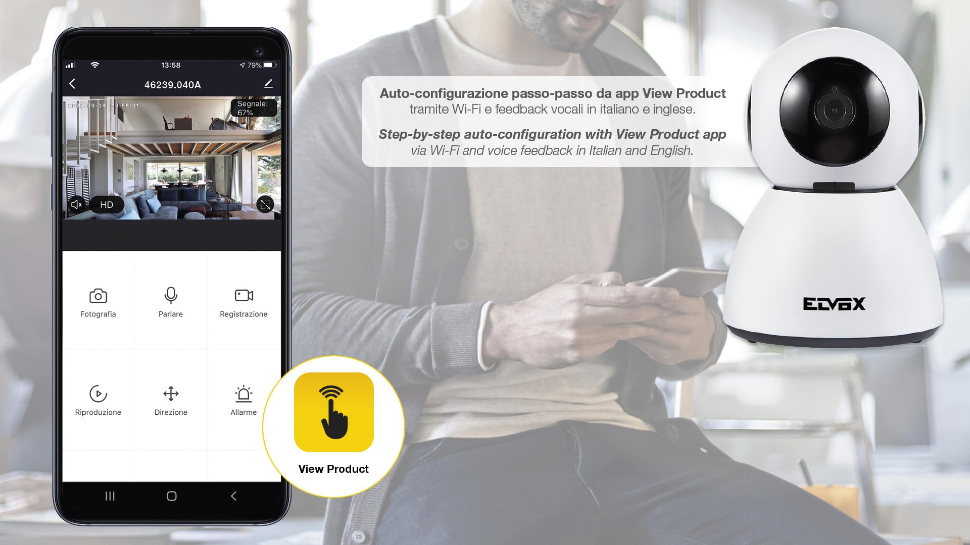 Vimar 46239.040A Telecamera IP WiFi motorizzata con rilevatore di movimento, compatibile con assistenti vocali, disponibile VIEW product per Alexa e Google assistant