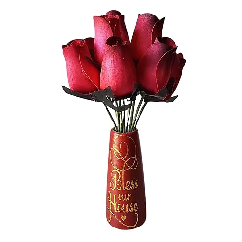 Scented Red Rose Bouquet In Maroon Ceramic Vase With Quote Bless This House, WIth Fragrance Spray Artificial Flora 10 PCS Fake Flowers for Home