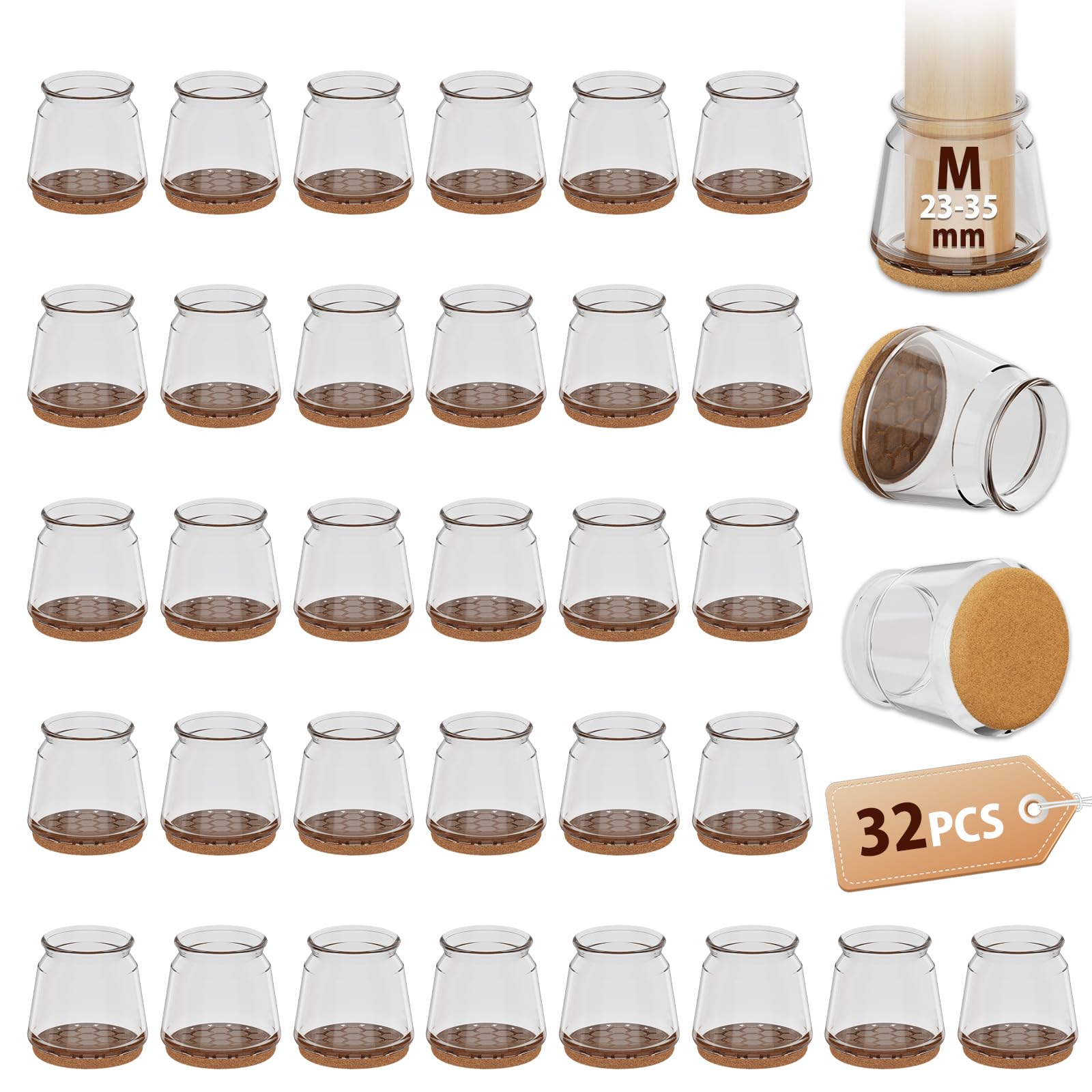 32 Pcs Round Brown Chair Leg Silicone Floor Protectors, Chair Socks, Stool Leg Covers with Felt Pads, Protect Floors from Scratches, Reduce Noise (Fit:23-35mm)