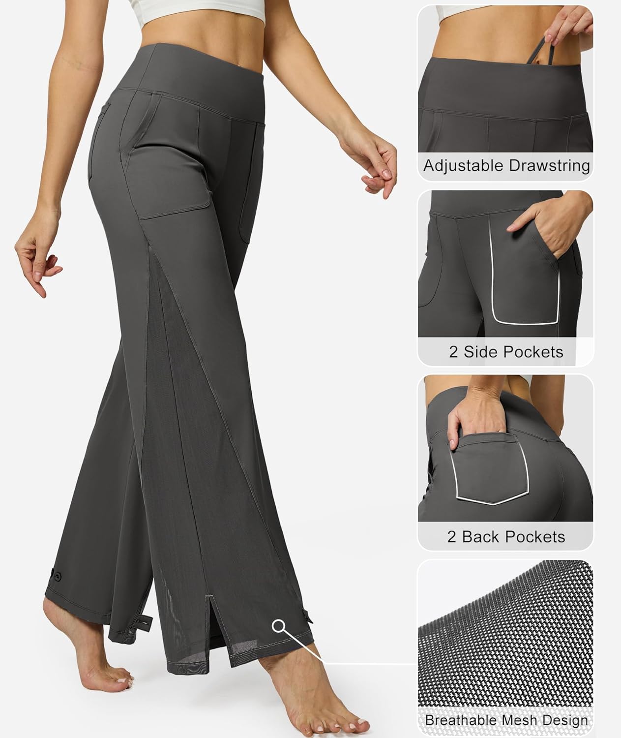 Casei Wide Leg Yoga Pants for Women Adjustable Hem High Waist Loose Casual Pants with Pockets - Image 5