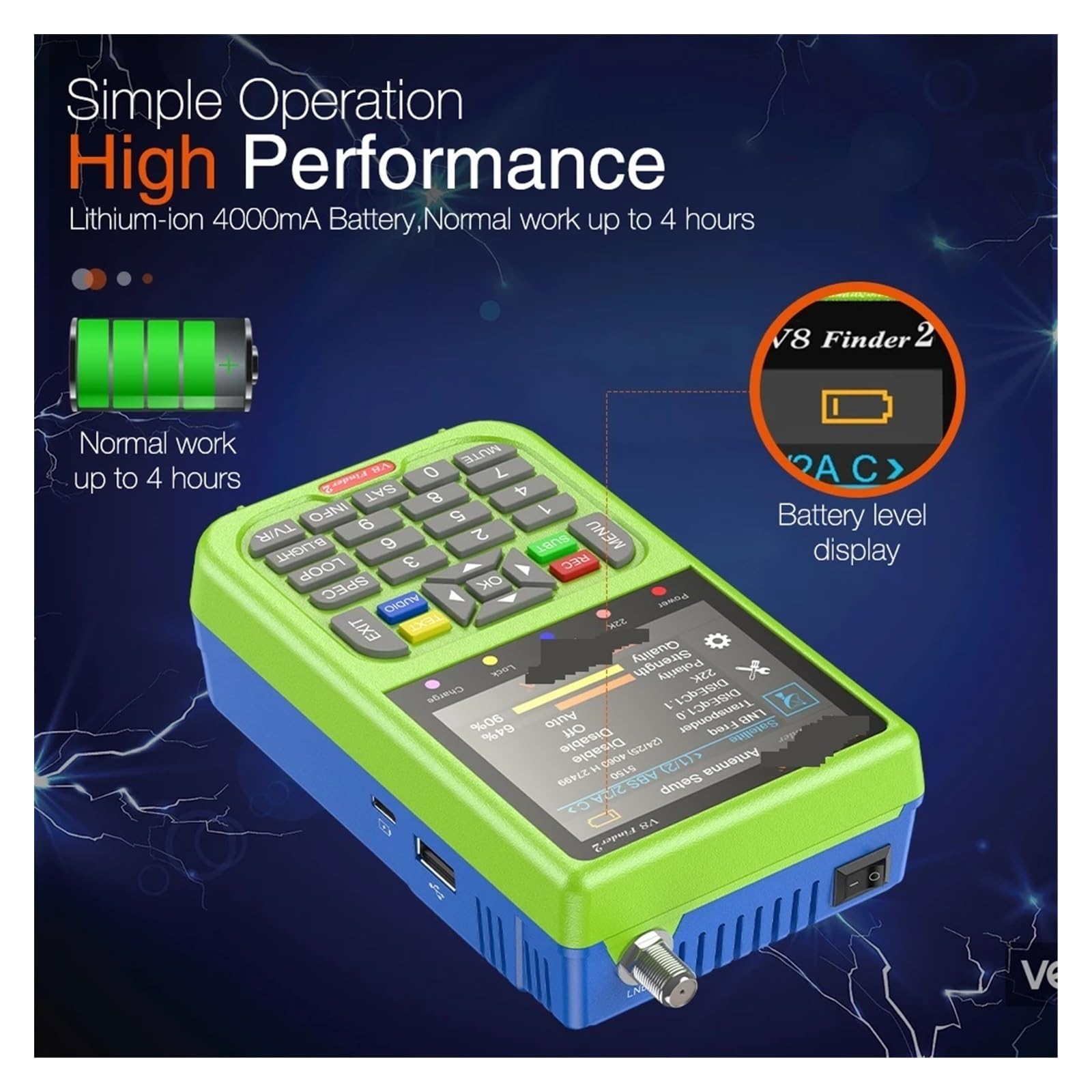 Cercatore satellitare, V8 Finder 2 Rilevatore di segnali satellitari DVB-S/S2/S2X Digitale 1080P HD H.264 Supporto CCM, VCM, ACM, ricevitore TV via satellite(Only v8 finder 2)