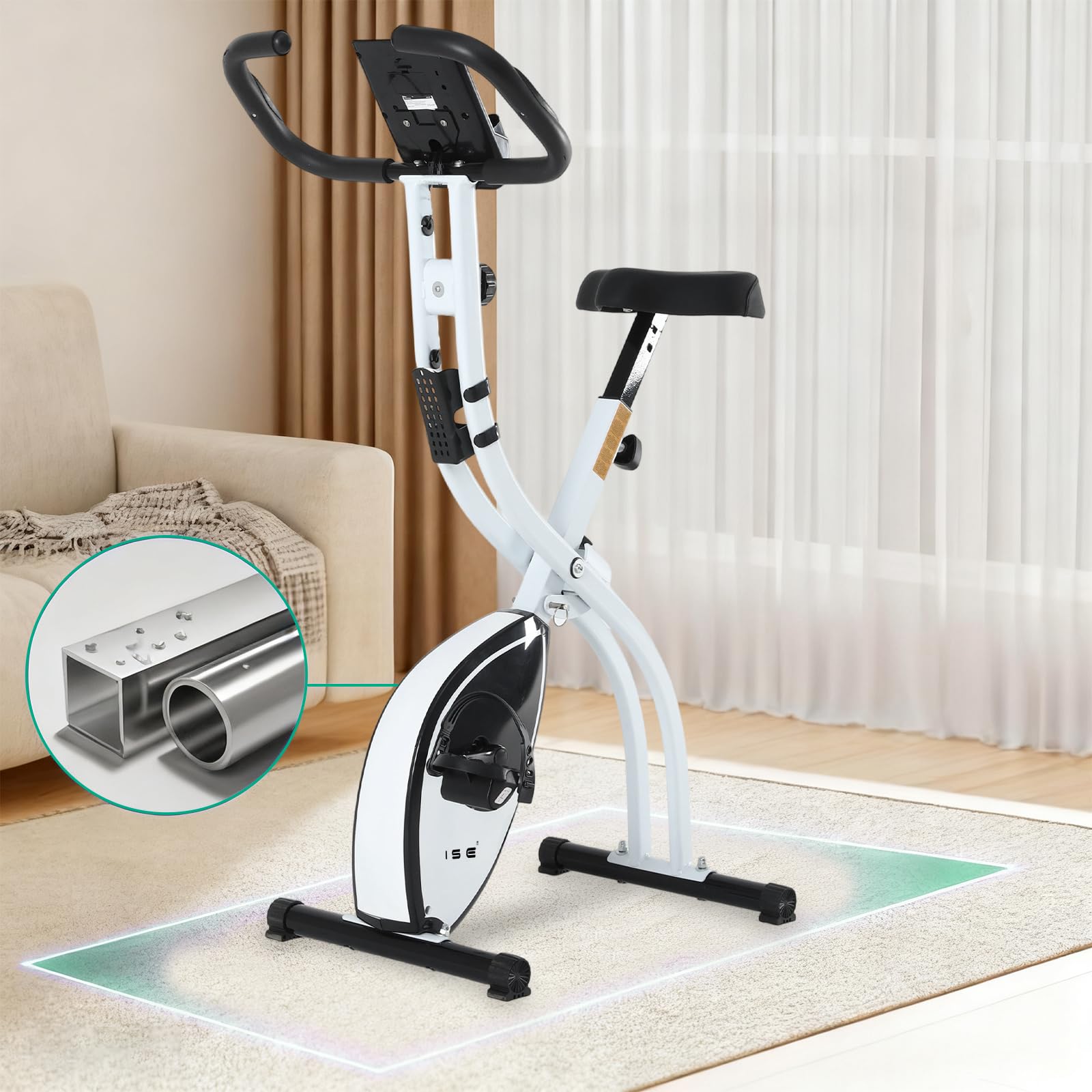 ISE Cyclette da Casa, Cyclette Pieghevole per Casa con Resistenza Magnetica a 8 Livelli Schermo LCD Supporto per Smartphone/Tablet