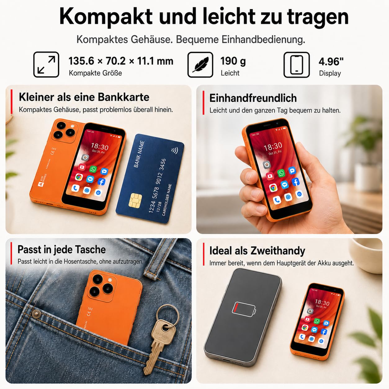 AGM Note N2 Smartphone Android 16 Go, Mini Handy Ohne Vertrag | 4,96 Zoll Display, 3000 mAh Akku, 3GB+32GB, ultradünnes Gehäuse für Schülerhandy, 4G Dual SIM/5MP/IP54/GPS/blau