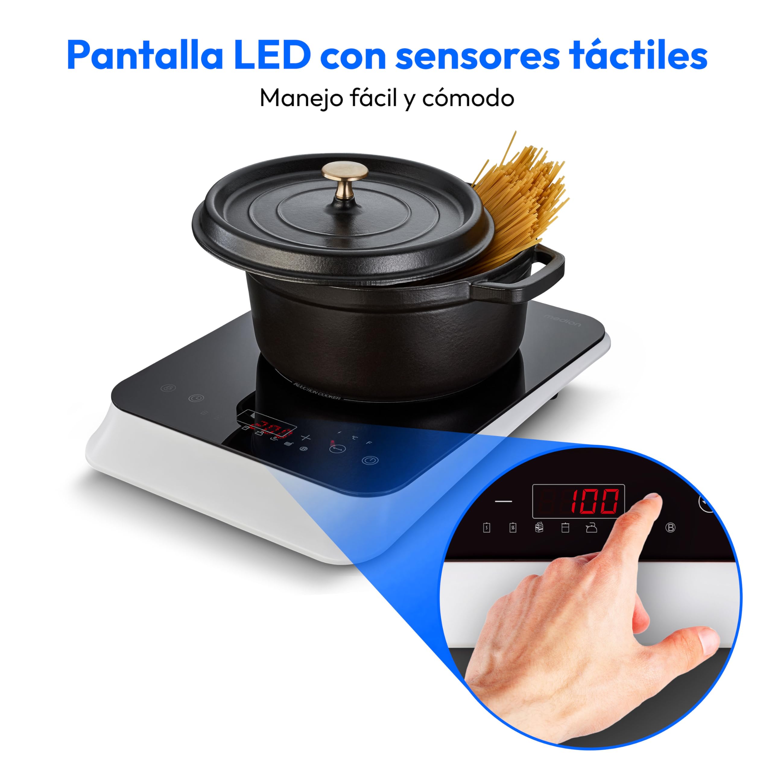 MEDION Placa de inducción (individual, 2000 vatios, placa de inducción, 8 programas automáticos, detección automática de ollas, sensor táctil, pantalla LED, 10 ajustes de temperatura, placa de cristal