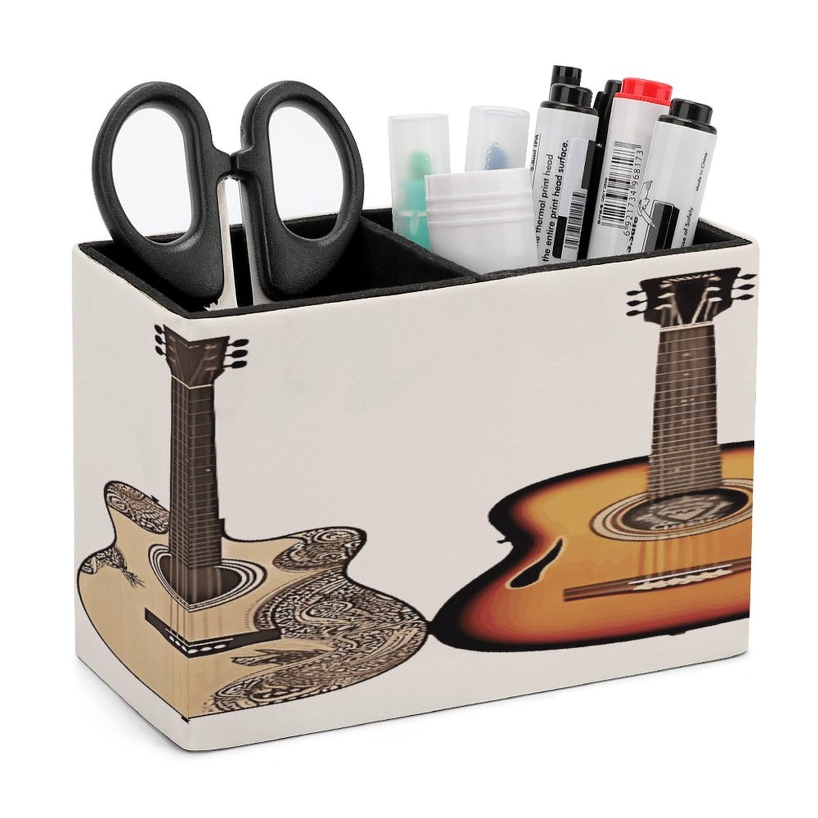 FekiLoot PU Leather Guitar Pen Holder for Desk 2 Compartments Desktop Stationary Organizer Rectangle Table Pencil Cup Stand Desktop Stationery Organizer Case for Office Home