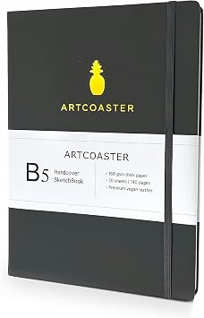 B5 Grey Sketchbook, Lay-flat, Hardcover, 140 Pages 70 sheets, Acid-Free, Premium Vegan Leather, 26.4 x 19.3 cm, Perforated pages, 160 GSM Thick paper Cream paper
