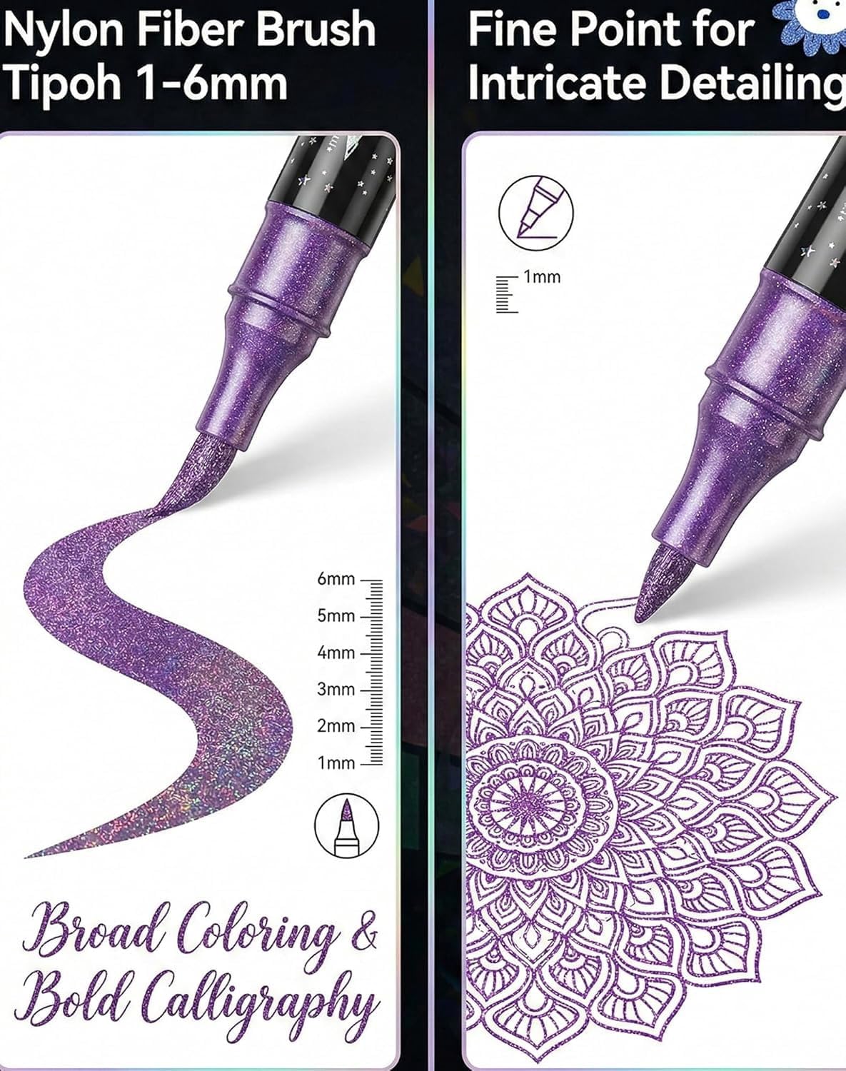 Farbige Glitzereffekt-Pinselmarker, 24/48/72/96 Farben, Doppelspitze, Glitzerstifte, glitzernde Metallic-Lackstifte, zum Ausmalen, Scrapbooking, Karten, Bastelbedarf