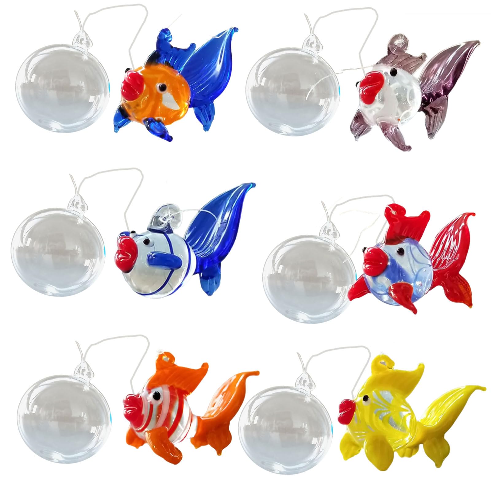 6Pcs Glass Bubble Fish Hanging Decorations, Assorted Glass Fish Bubble Hanging Charm, Aquarium Float Decors Floating