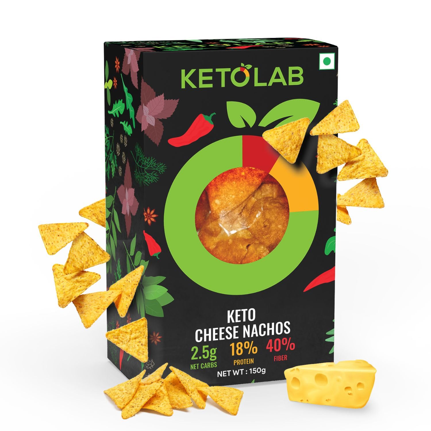 Ketolab Keto Cheese Nacho Chips, 150 Gms, 1 Pack, 2.8g Net Carb & 7g High Protein/Serving, Identical to Regular Nacho Chips, Ultra Low Carb, Pre-Biotic High Fibre, Low GI, For Keto Diet & Weight Loss