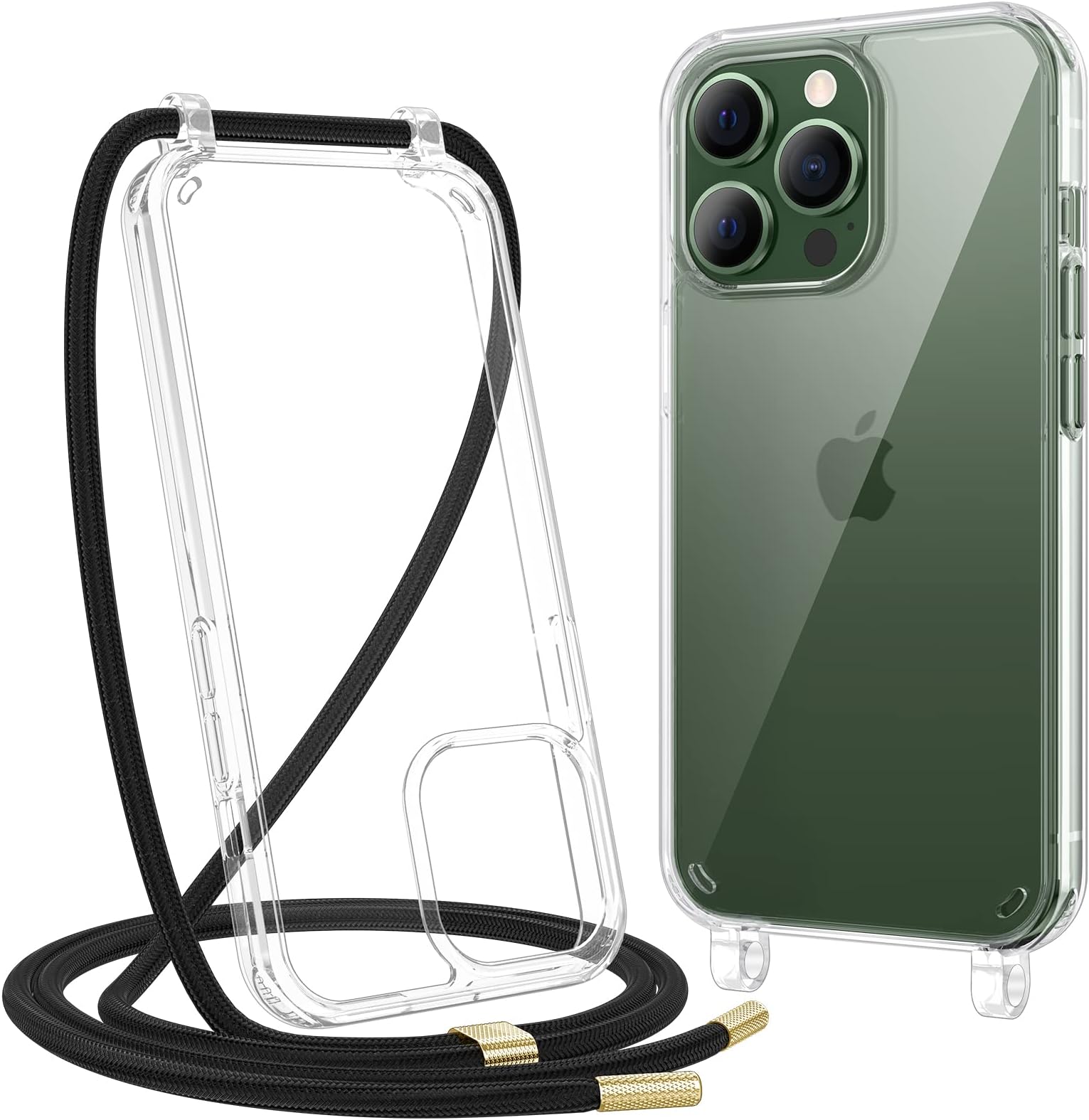 CakaCrossbody Case Compatible with iPhone 13 Pro Max, Soft Slim TPU Shockproof Protective Clear Cover with Adjustable Neck Lanyard Strap
