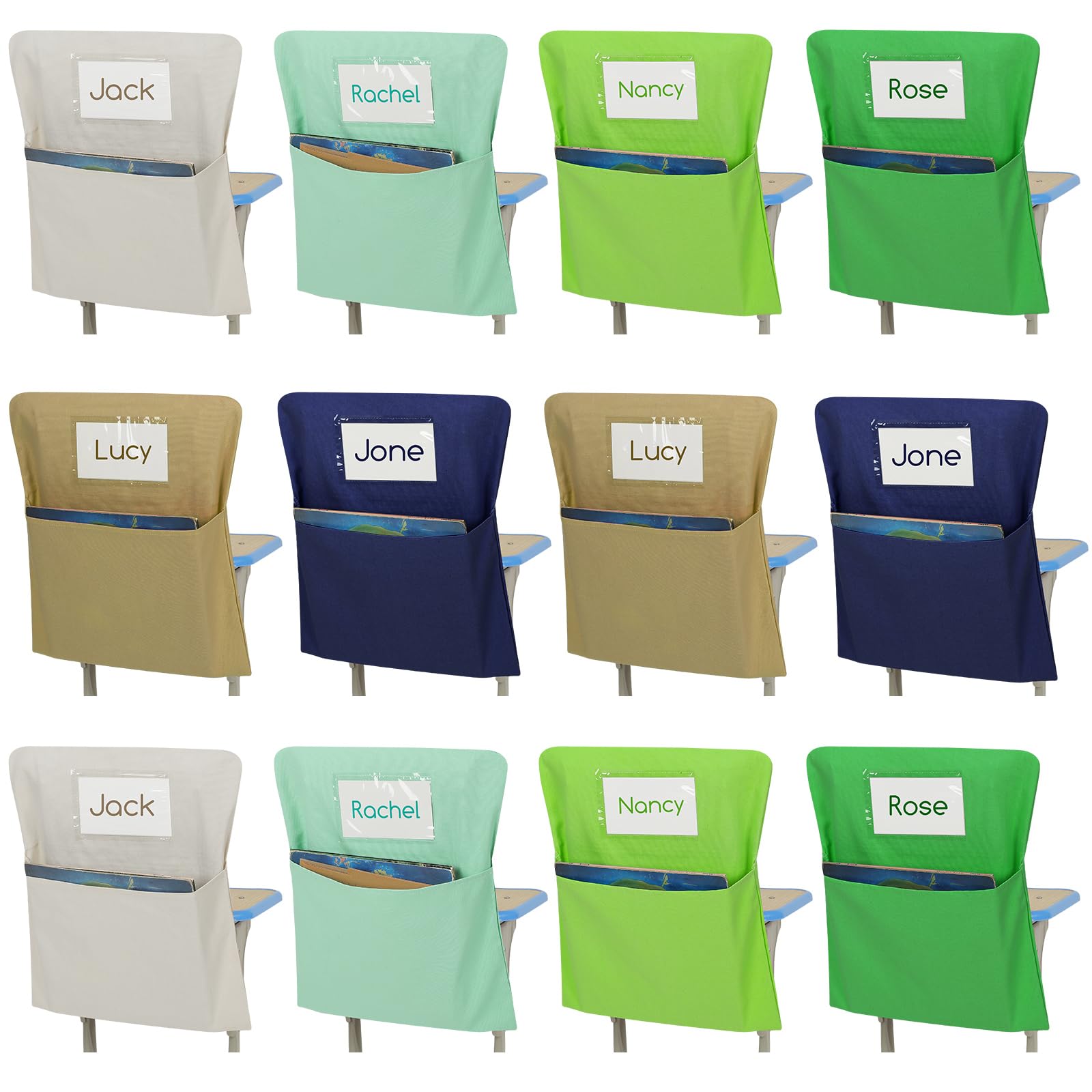 Chapou 24 Pack Chair Pockets for Classroom, 20 x 17 Inch Student Chair Pouches with 24 Name Tags, Canvas Seat Back Organizers for Scoop and Standard Chairs, Back to School Classroom Storage(Green)