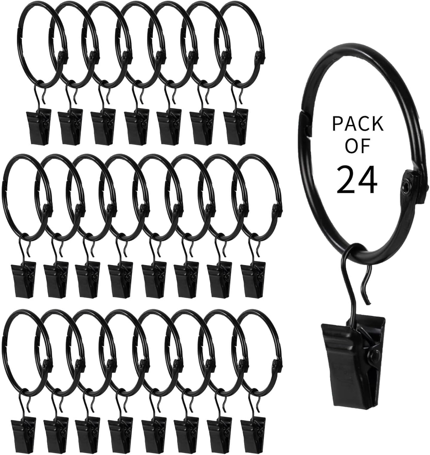 Openable Curtain Rings with Clips,3inch Inner Diameter,Heavy Duty Rustproof Metal Decorative Vintage Drapery Rings Curtain Clips Rod Hangers Door Curtain and Shower Curtain Rings Black Zocang