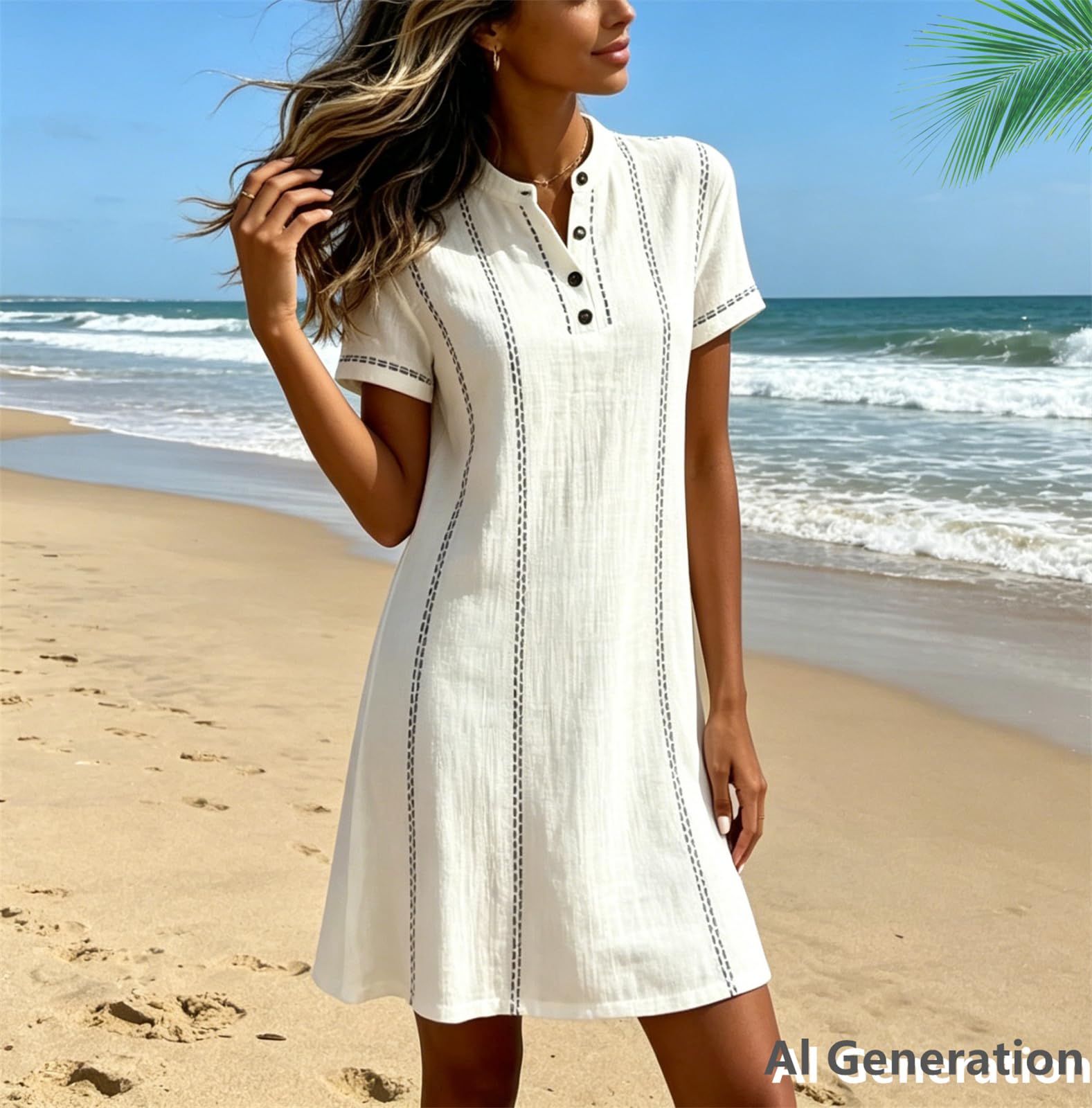 Vestido Midi Estampado con Cuello Mao y Botones para Mujer – Vestido Holgado de Manga 3/4 y Cuello en V, Ideal para Vacaciones