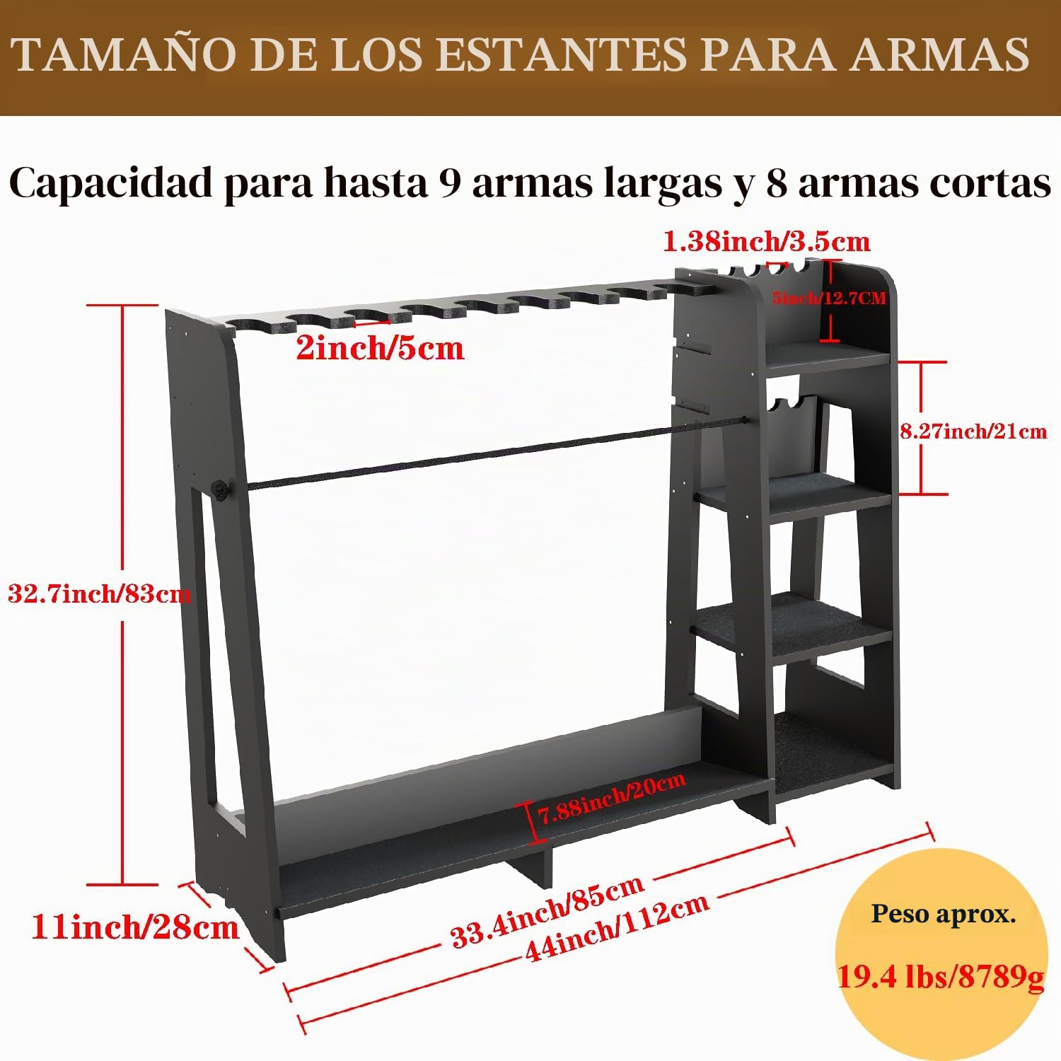 Promis - Soporte de almacenamiento para armas de fuego, soporte para escopeta de madera independiente con estantes ajustables en altura para 9 + 8 ranuras