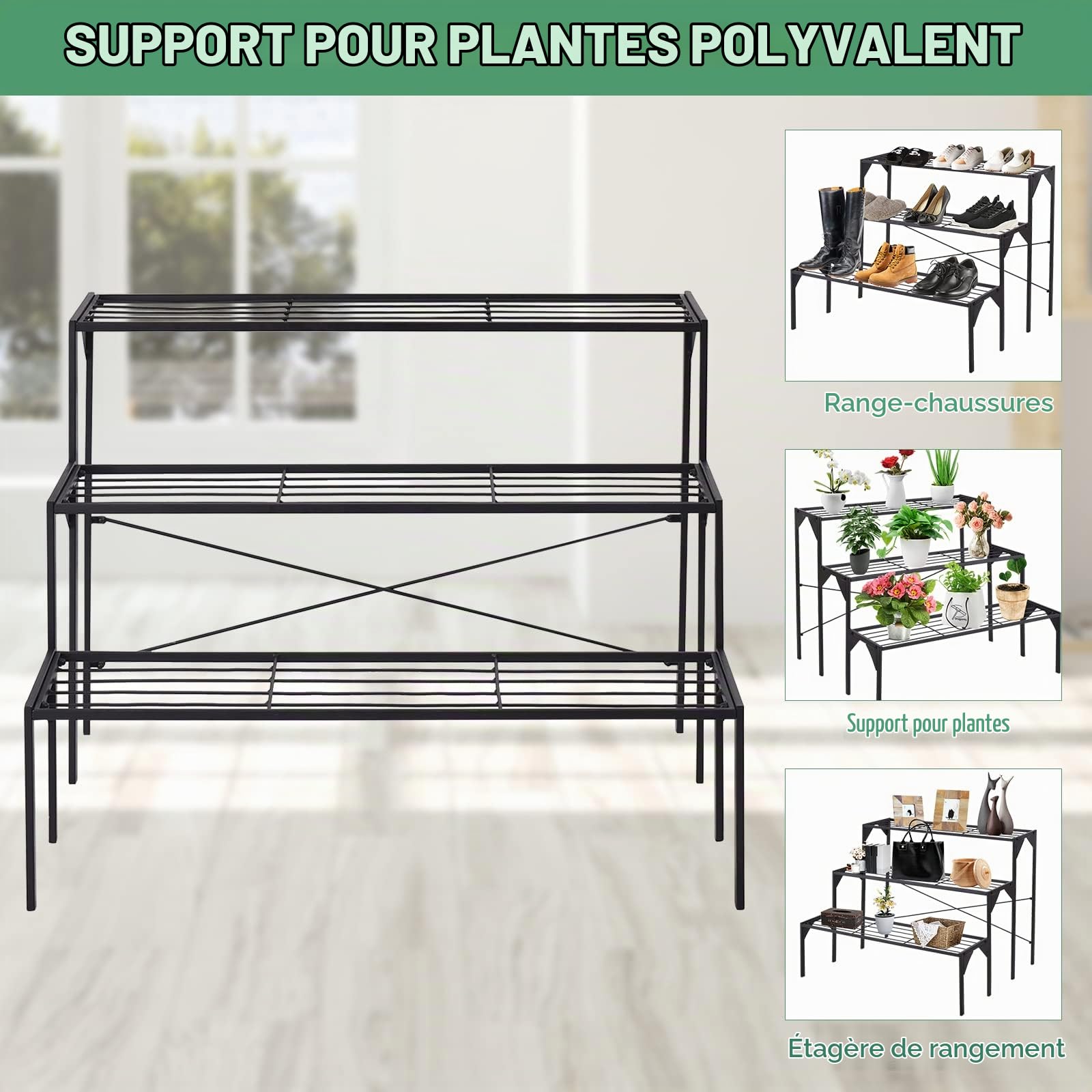 RELAX4LIFE Étagère Plante en Fer à 3 Couches, Support pour Pot Plante Intérieur, Escalier Plante Charge Max 30kg par Couche Style Classique pour Jardin, 85x66x66 cm (Style 4, 3 niveaux simple)