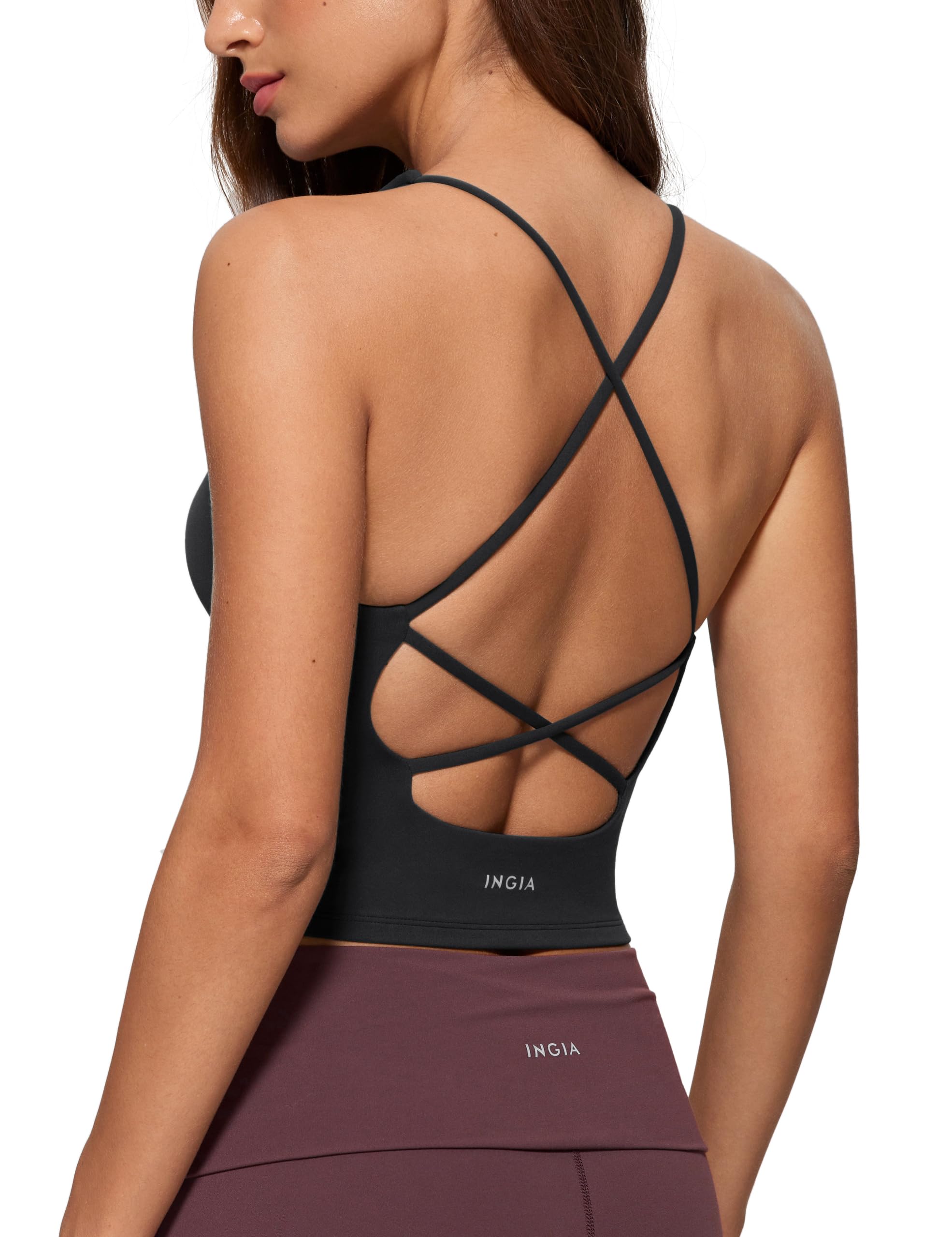 INGIA Womens V Neck Tank Tops Double Lined No Padded Spaghetti Criss Cross Strap Statement Strappy Back Casual Crop Top