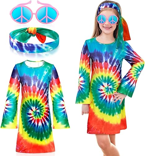 Miniatura 1 de Juego de 3 piezas de disfraz hippie de los años 60 y 70 para niñas incluye vestido retro para niña diadema y lentes de sol para fiesta hippie y