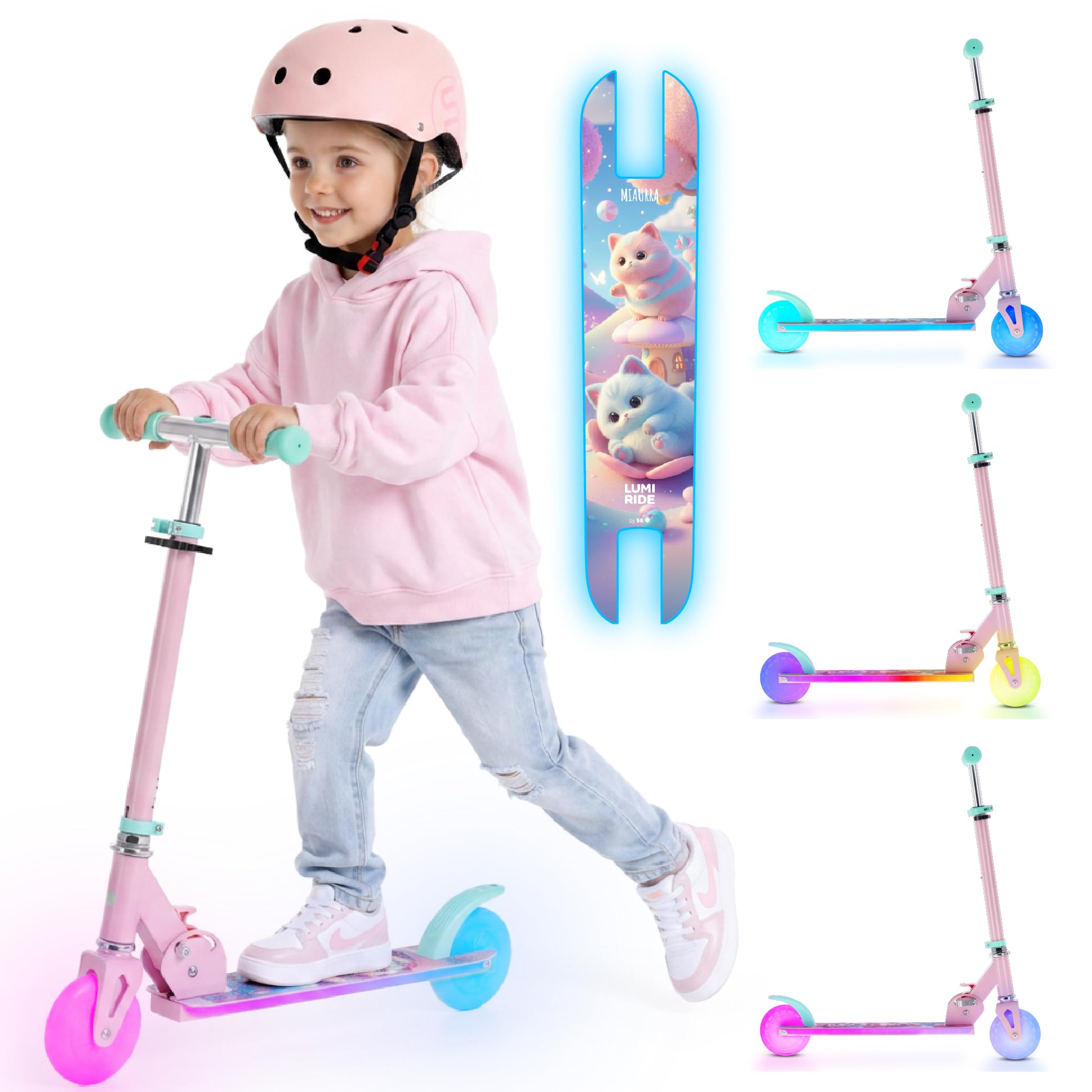 SUN BABY LUMI RIDE Hulajnoga dwukołowa dla dzieci, światła LED | od 3 lat, 7 kolorów, 20 programów, 3 poziomy regulacji kierownicy, hamulec nożny, wyjmowane rączki