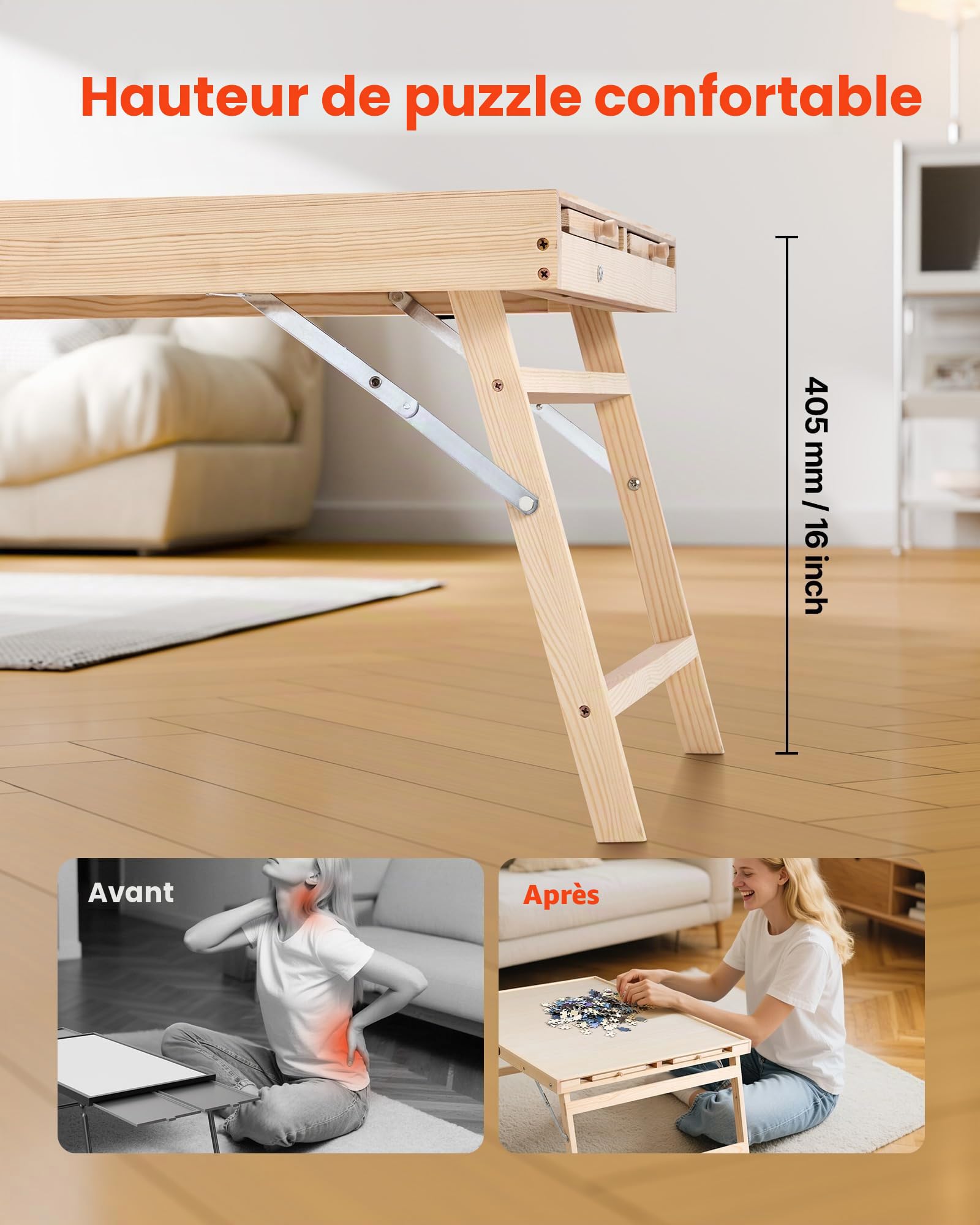 VEVOR Table de Puzzle 1500 Pièces 86,5 x 63,5 cm avec Pieds Pliables 4 Tiroirs et Couverture Plateau Casse-Tête Portable en Bois